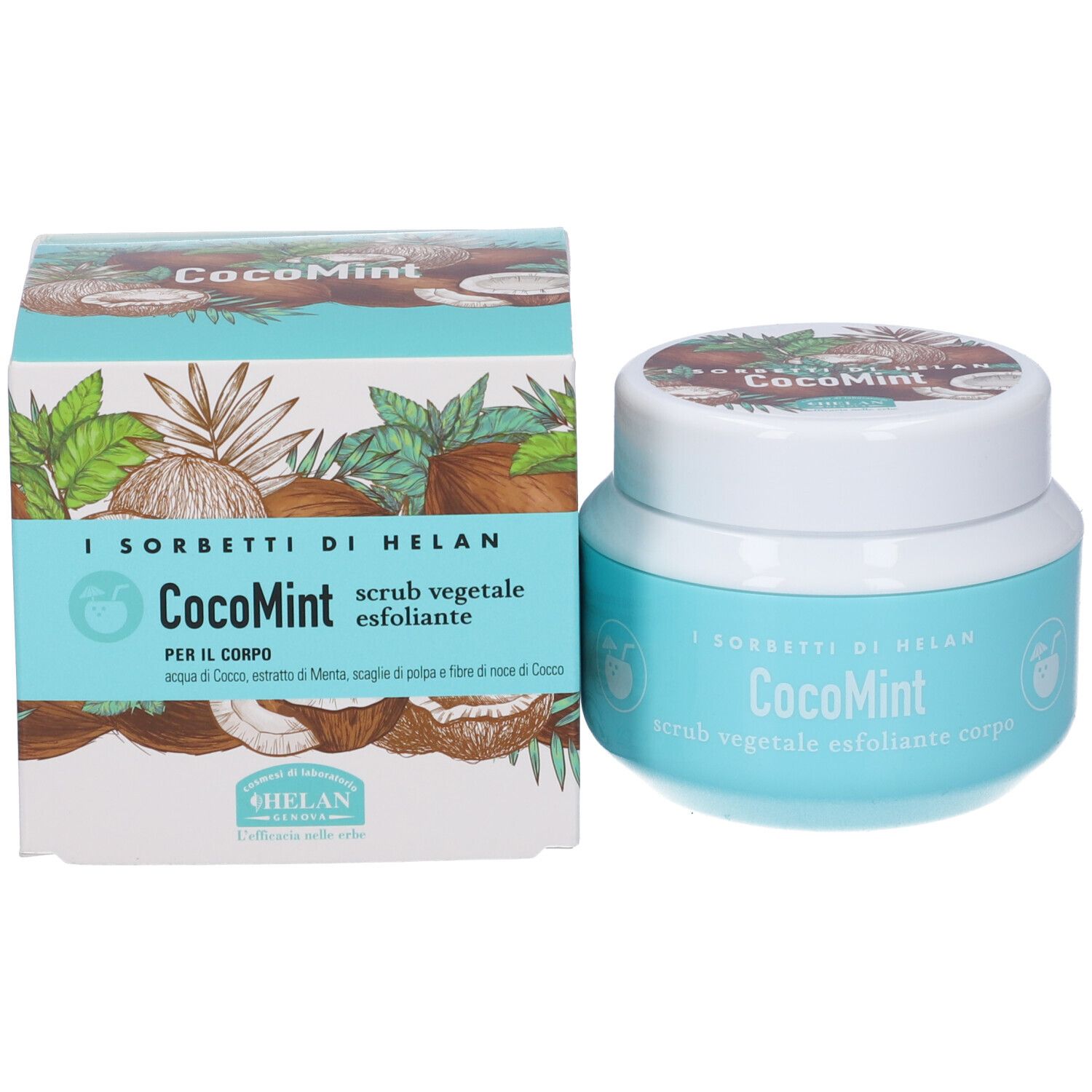 Confezione del prodotto con vasetto e scatola. Scritta: CocoMint, scrub vegetale esfoliante. Logo: cocco con cannuccia. Illustrazioni.
