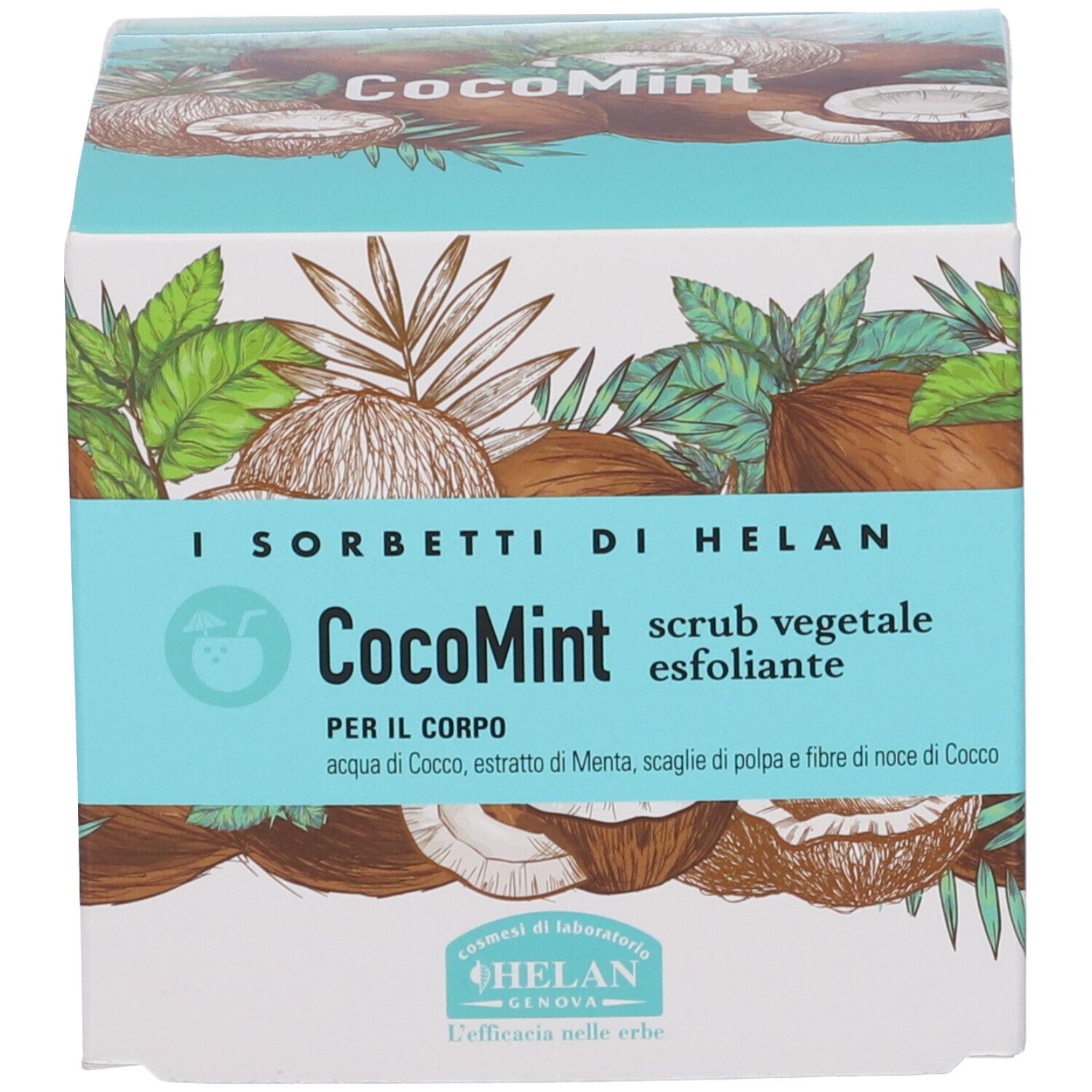 Confezione in cartone. Scritta: CocoMint, scrub vegetale esfoliante. Logo: cocco con cannuccia. Illustrazioni di cocco e menta.