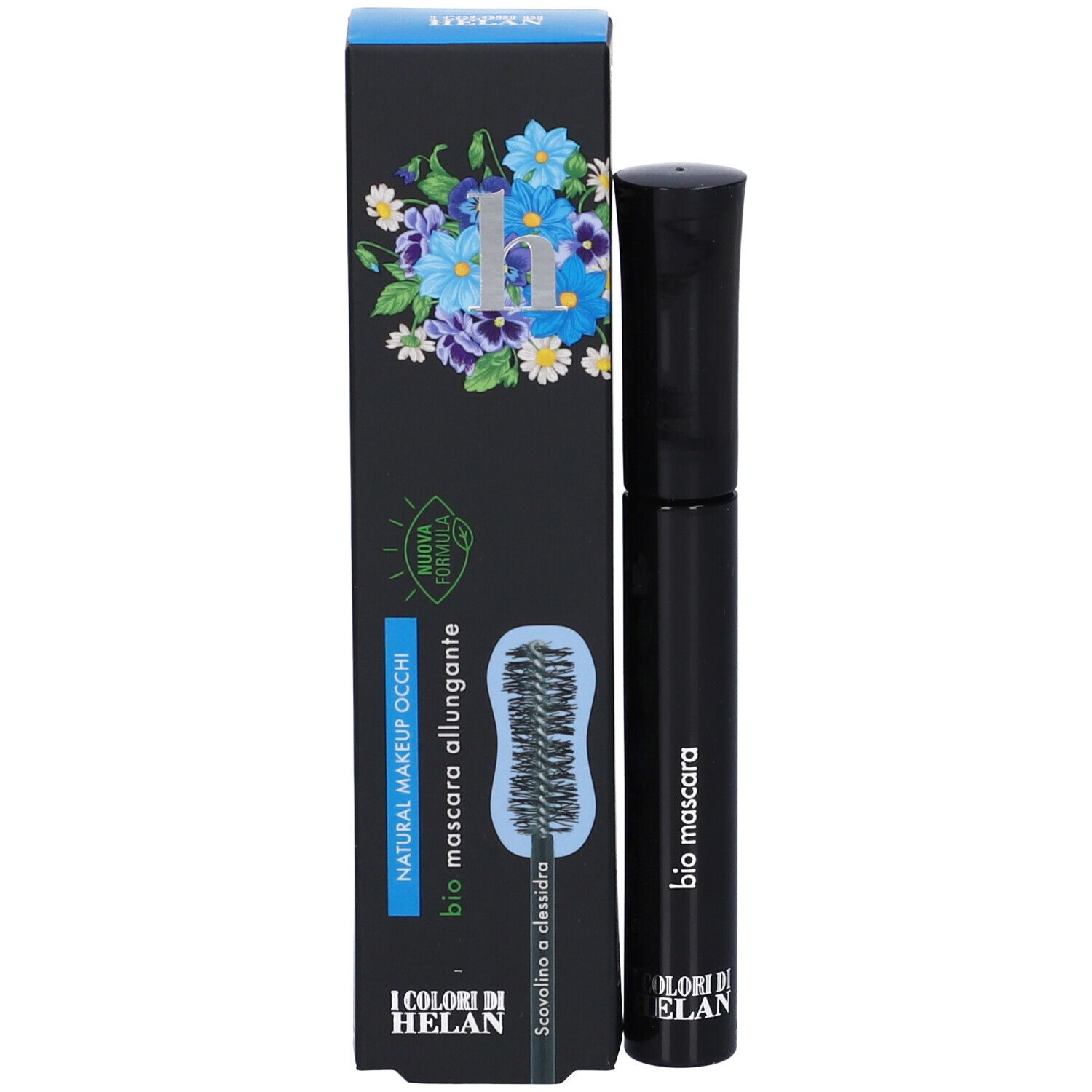 Mascara nero e confezione. Sulla confezione c'è scritto "bio mascara allungante" e "I COLORI DI HELAN".