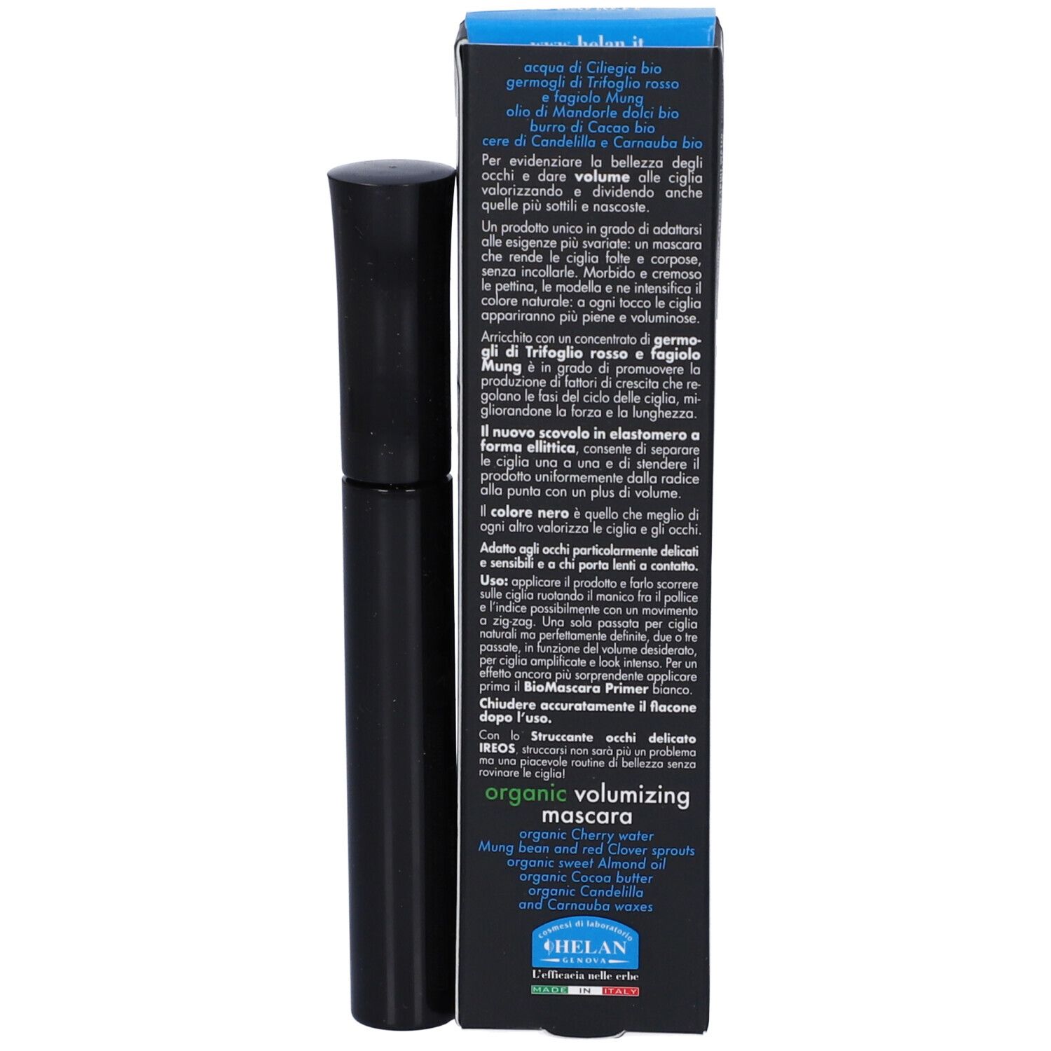 Tubo e confezione mascara neri. Testo sulla confezione. Nome prodotto, ingredienti, descrizione.
