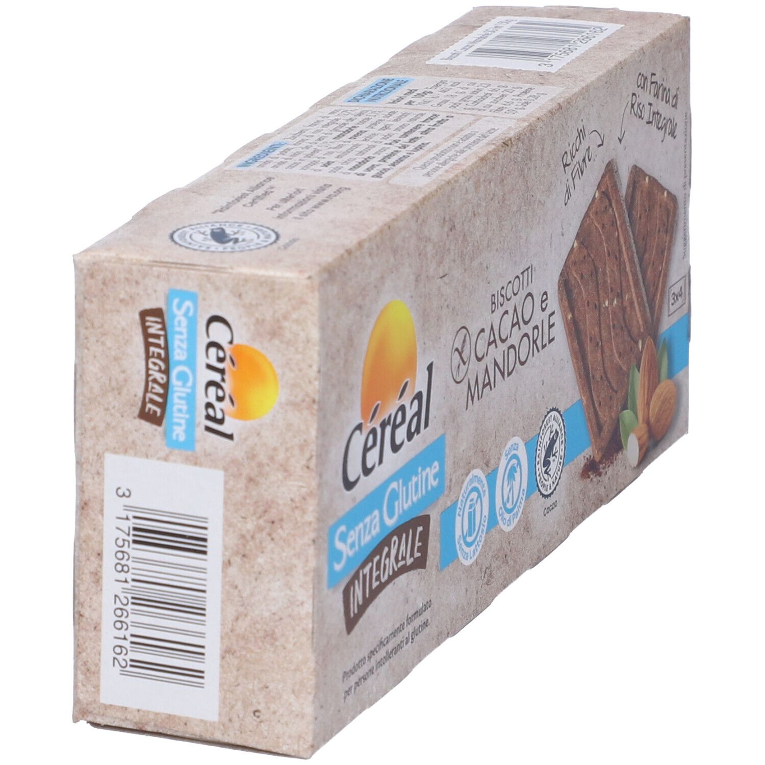 Vista angolata della confezione di biscotti Céréal Senza Glutine Integrale, cacao e mandorle. Codice a barre.