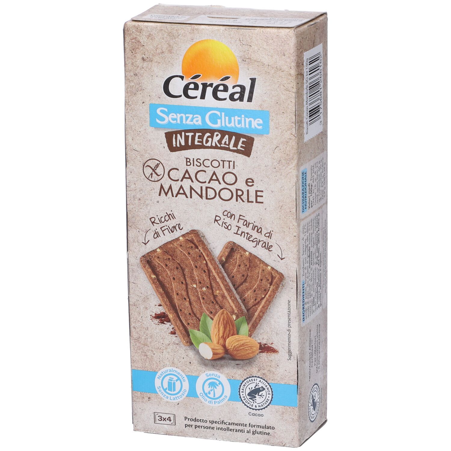 Confezione di biscotti Céréal Senza Glutine Integrale, cacao e mandorle. Immagine di biscotti e mandorle. Ricchi di fibre.