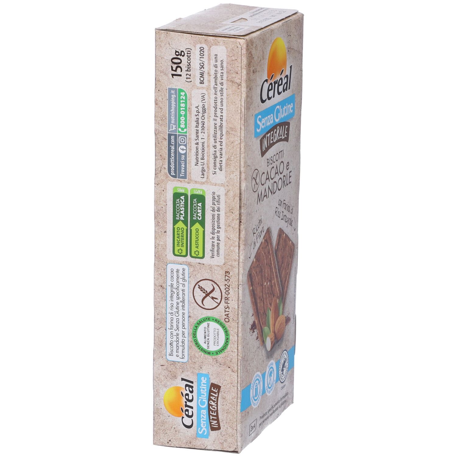 Vista laterale della confezione di biscotti Céréal Senza Glutine Integrale, cacao e mandorle. Peso: 150g.