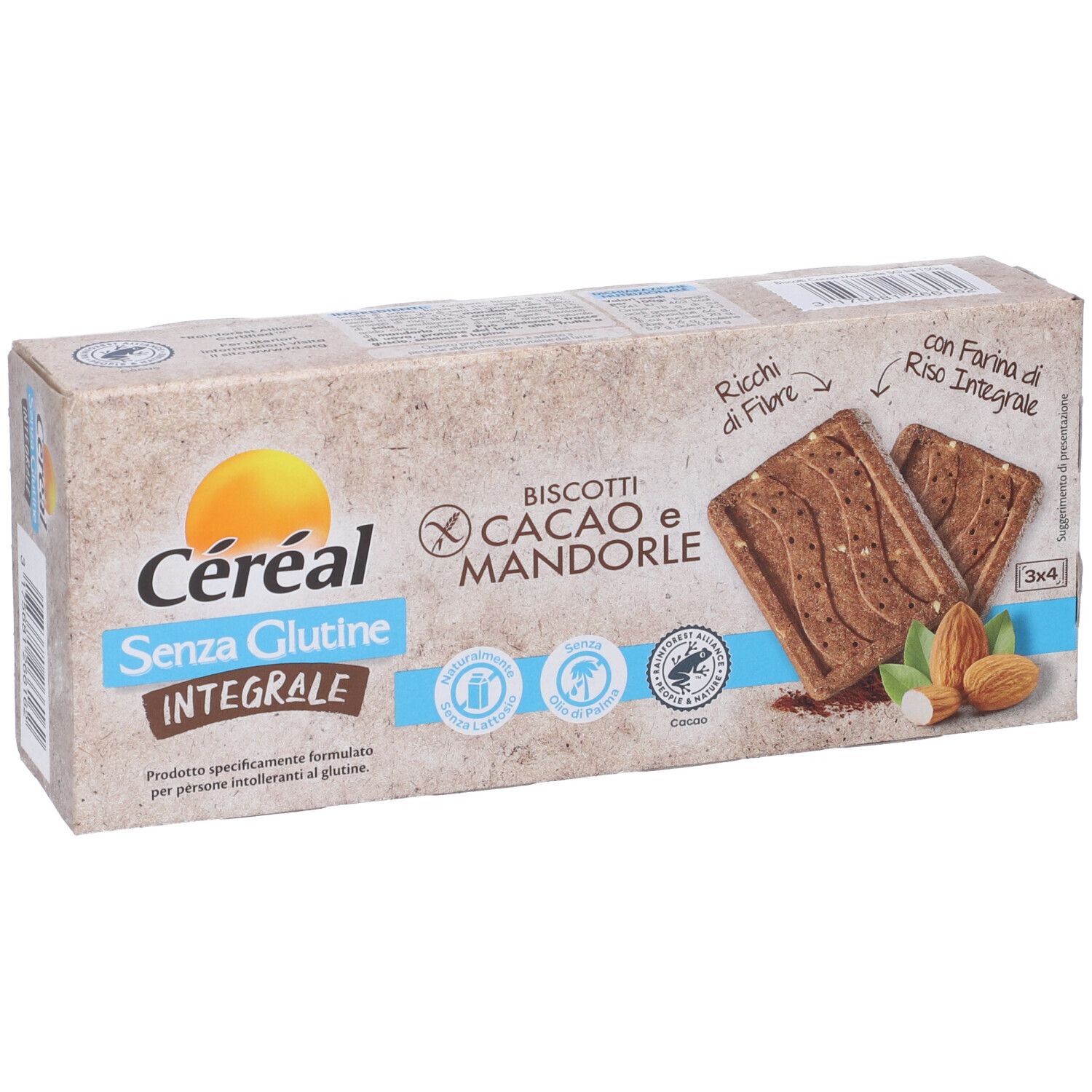 Confezione di biscotti Céréal Senza Glutine Integrale, cacao e mandorle. Immagine di biscotti e mandorle. Ricchi di fibre.