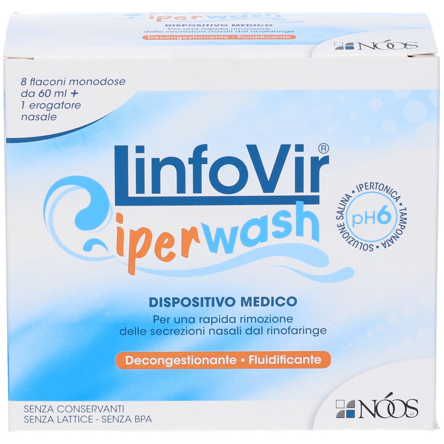 LINFOVIR IPERWASH SOLUZIONE SALINA IPERTONICA TAMPONATA 8 FLACONI DA 60 ML  + 1 EROGATORE NASALE - Farmaglobo