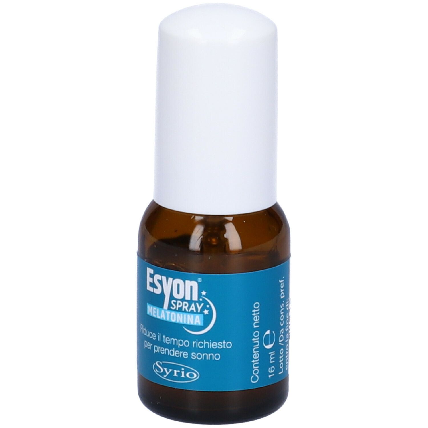 Flacone marrone con erogatore bianco. Etichetta blu con testo: Esyon Spray Melatonina. Logo Syrio. Testo in italiano.