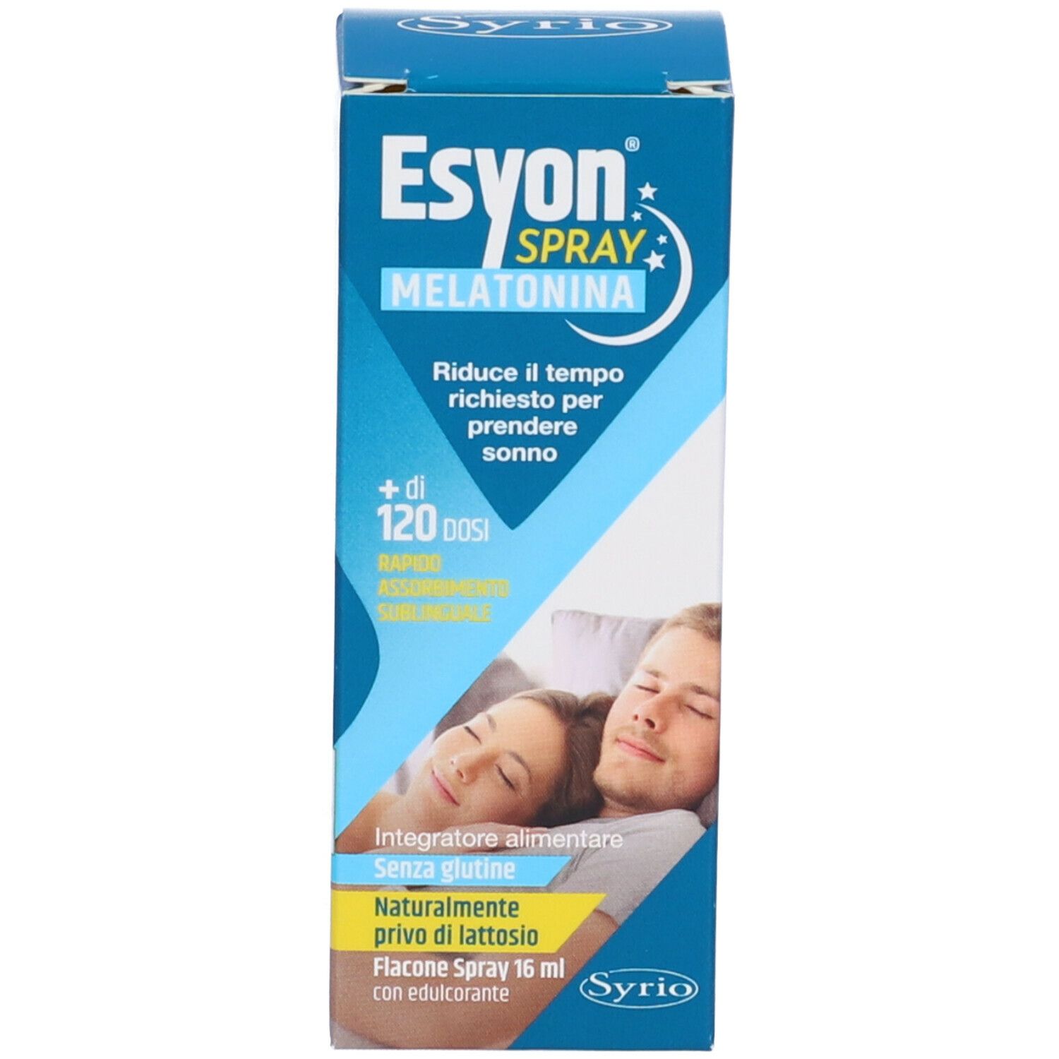 Confezione del prodotto. Scatola blu con testo: Esyon Spray Melatonina. Immagine di persone che dormono. Testo in italiano.