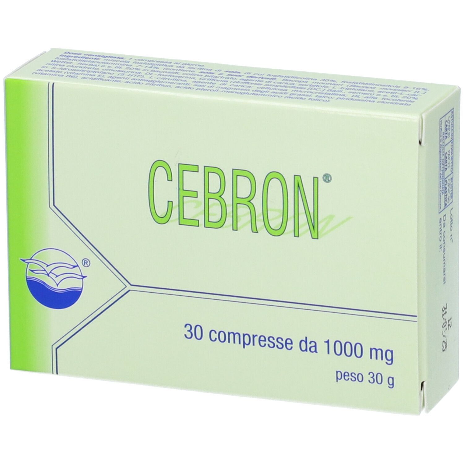 Scatola "CEBRON" verde chiaro. Logo blu. 30 compresse da 1000 mg, 30 g. Testo in alto. Scritta "CEBRON".