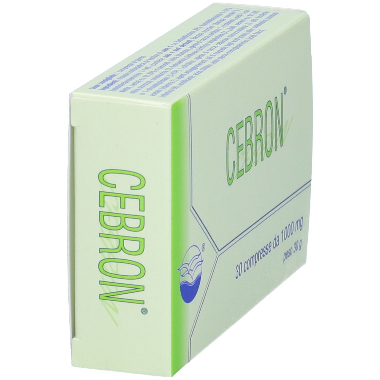 Scatola "CEBRON" verde chiaro. Testo e logo sul lato. 30 compresse da 1000 mg, 30 g. Logo blu.
