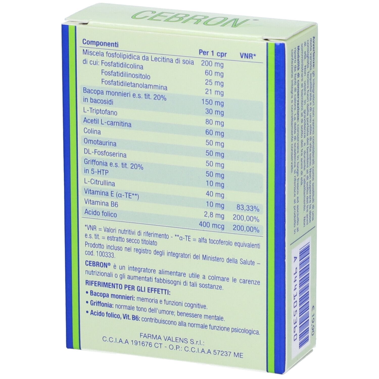 Retro scatola "CEBRON". Ingredienti, informazioni nutrizionali, produttore. Testo in italiano.
