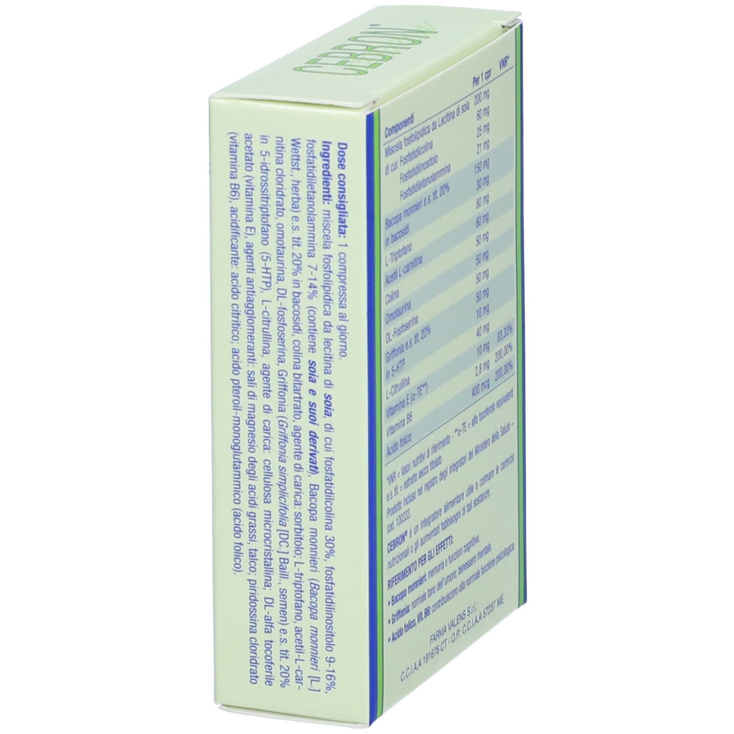 Lato scatola "CEBRON". Ingredienti, dosaggio, informazioni produttore. Testo in italiano.