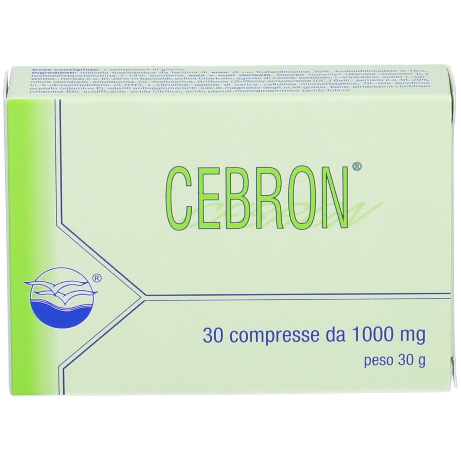 Scatola "CEBRON" verde chiaro. 30 compresse da 1000 mg, 30 g. Logo e testo. Logo blu.