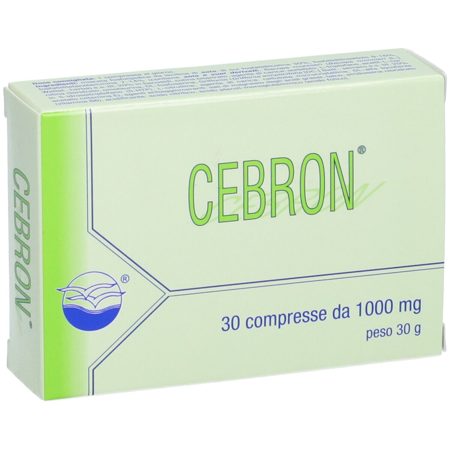 Scatola "CEBRON" verde chiaro. 30 compresse da 1000 mg, 30 g. Logo e testo. Logo blu.