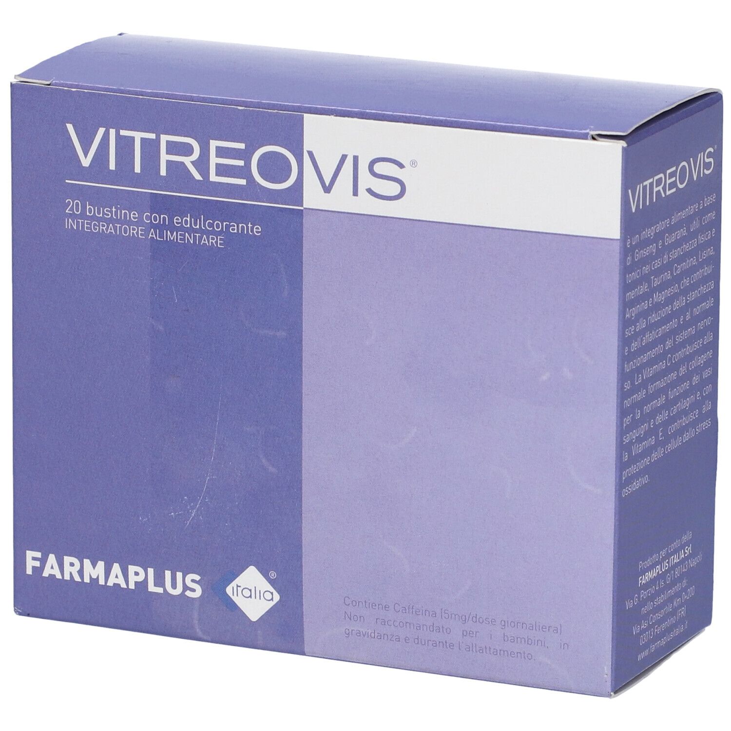 Confezione Vitreovis. Scatola blu con testo bianco. Contiene 20 bustine. Marchio: Farmaplus.