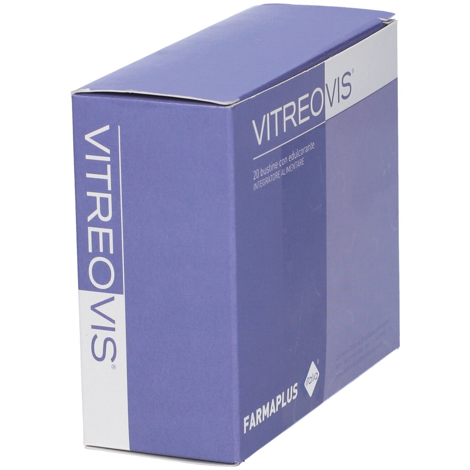 Confezione Vitreovis. Scatola blu con testo bianco. Marchio: Farmaplus. Vista laterale.