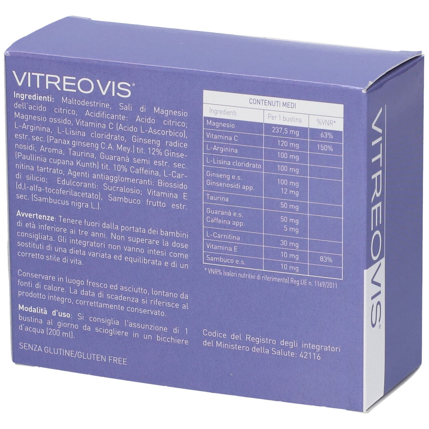 Confezione Vitreovis. Retro con ingredienti e informazioni nutrizionali. Scatola blu con testo bianco.