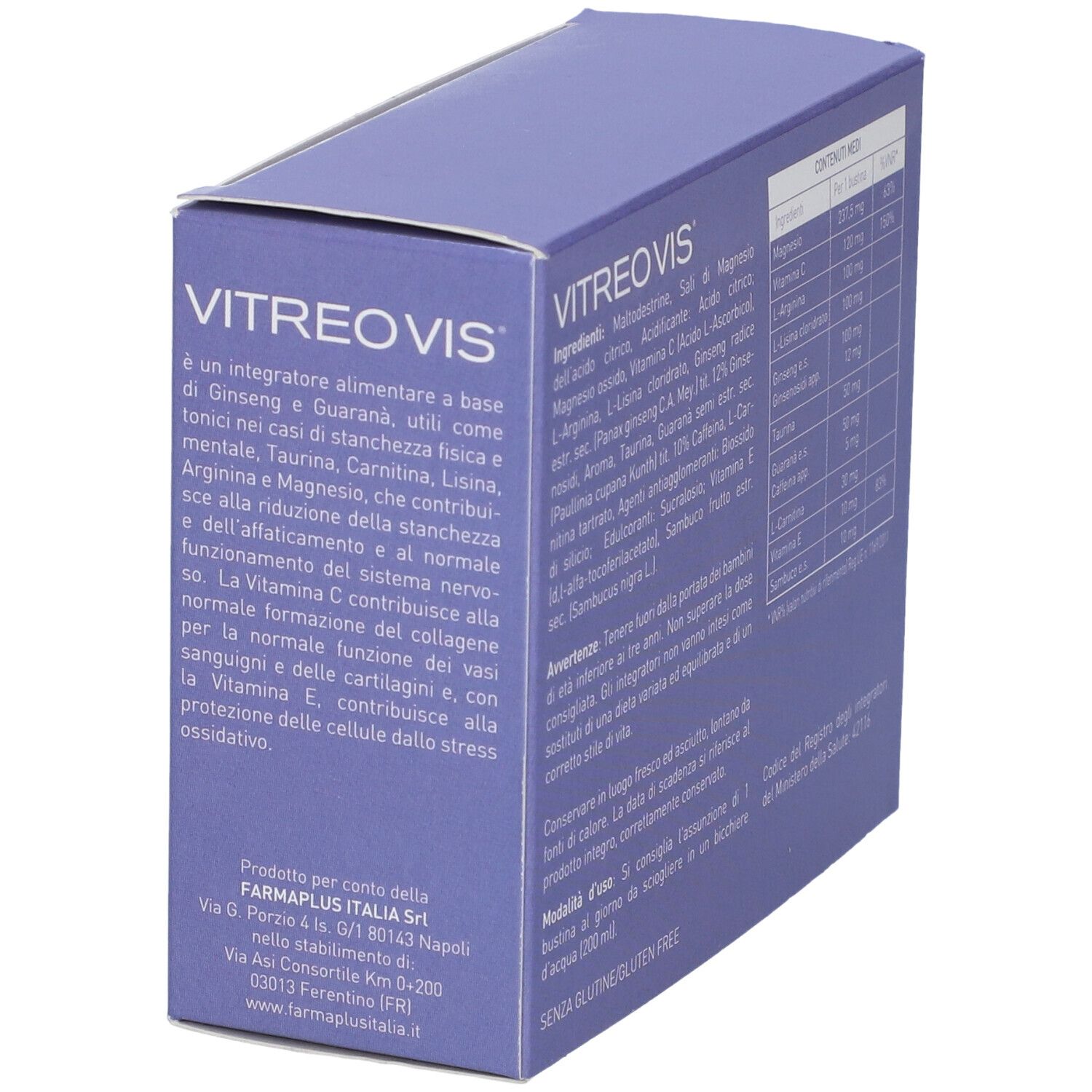 Confezione Vitreovis. Retro con informazioni sul prodotto. Scatola blu con testo bianco.