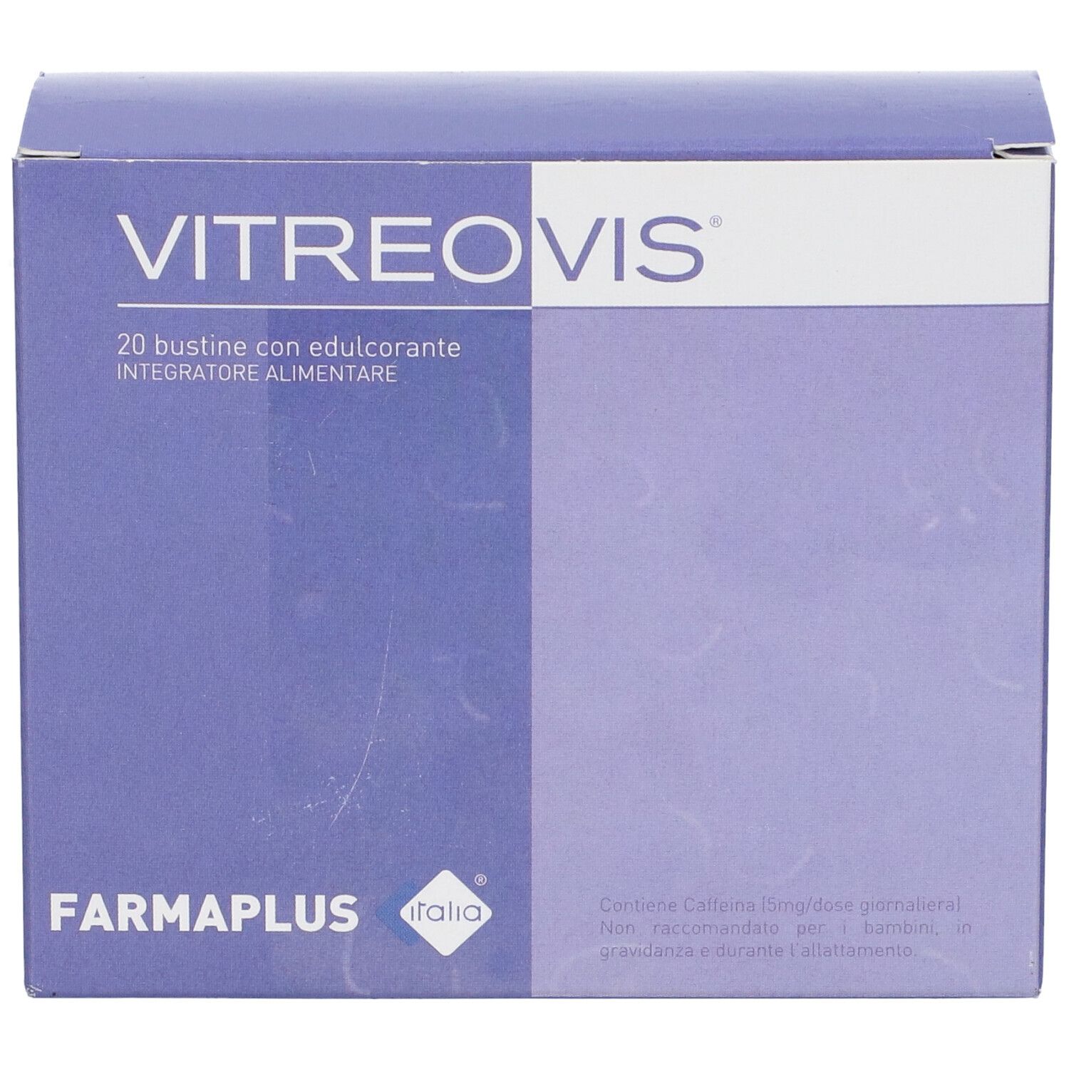 Confezione Vitreovis. Scatola blu con testo bianco. Contiene 20 bustine. Marchio: Farmaplus.