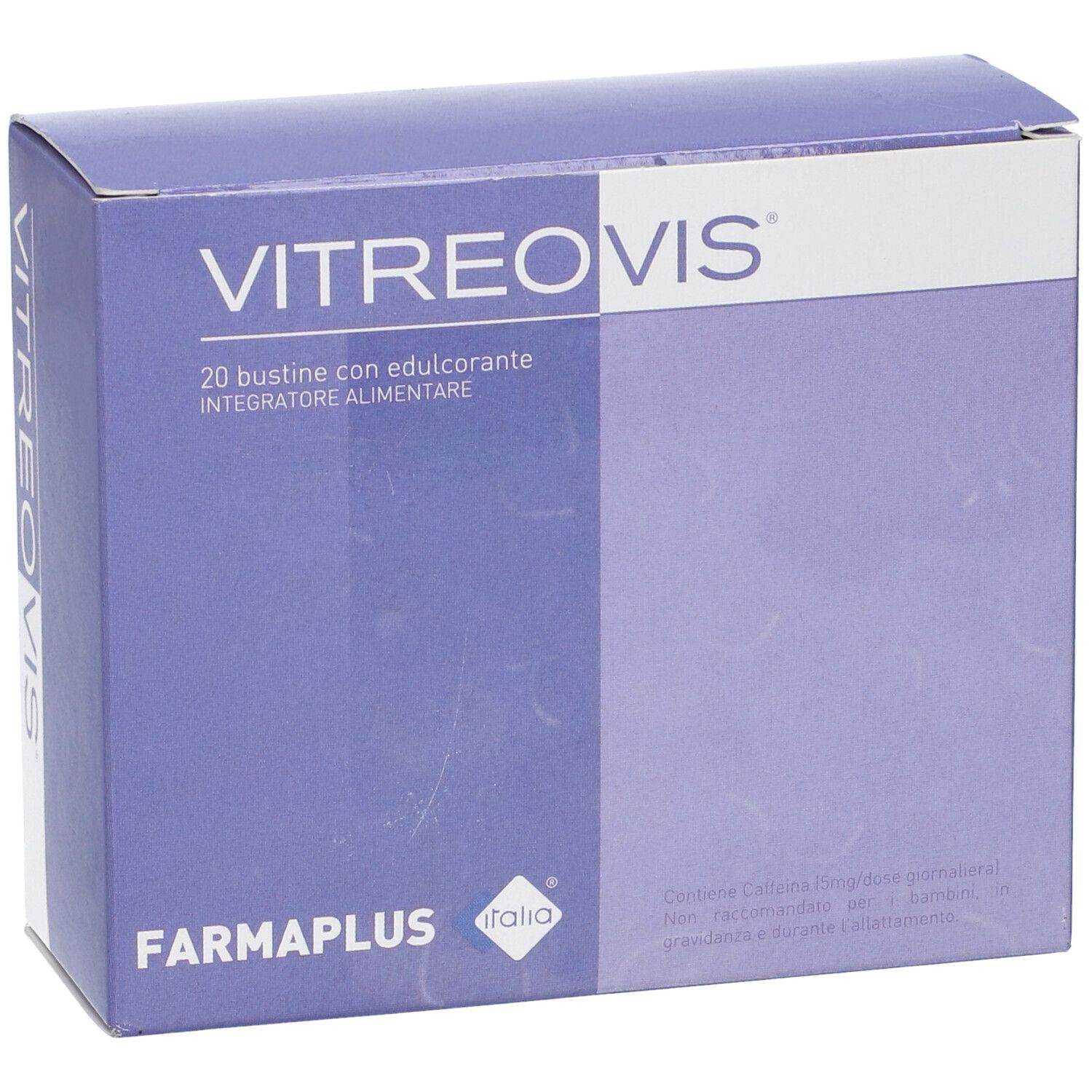 Confezione Vitreovis. Scatola blu con testo bianco. Marchio: Farmaplus. Contiene 20 bustine.