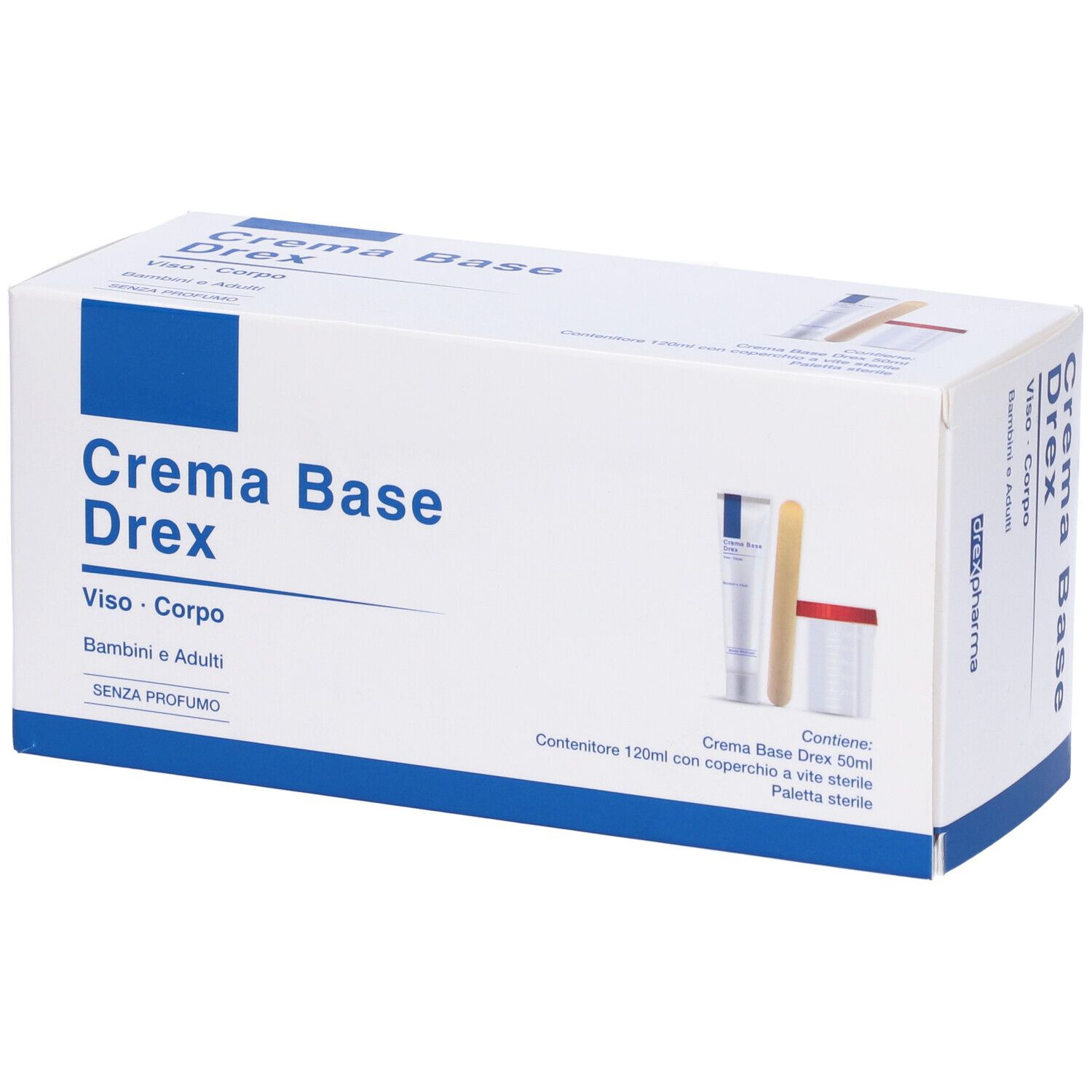 Confezione Crema Base Drex. Contiene crema, spatola e contenitore. Scatola bianca con accenti blu.