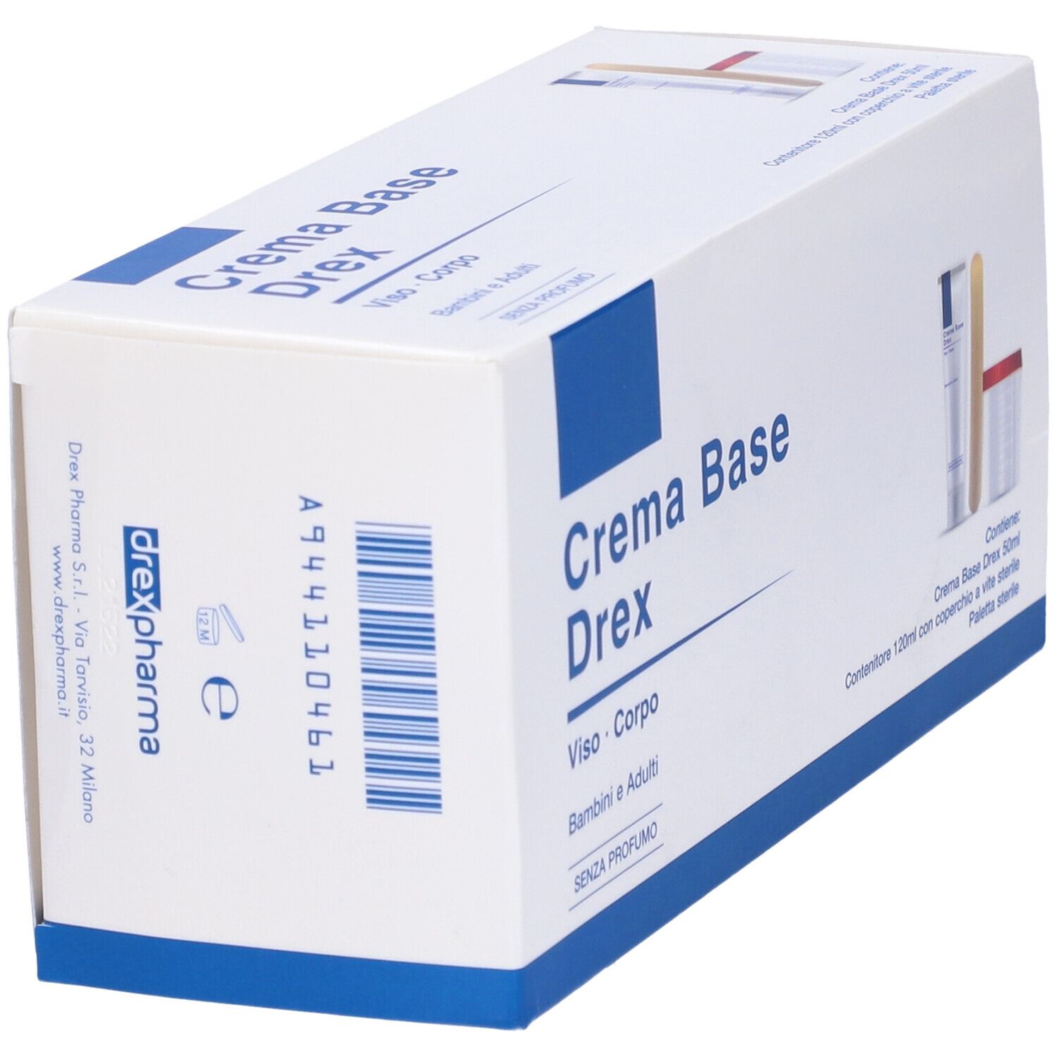 Confezione Crema Base Drex. Contiene crema, spatola e contenitore. Scatola bianca con accenti blu.