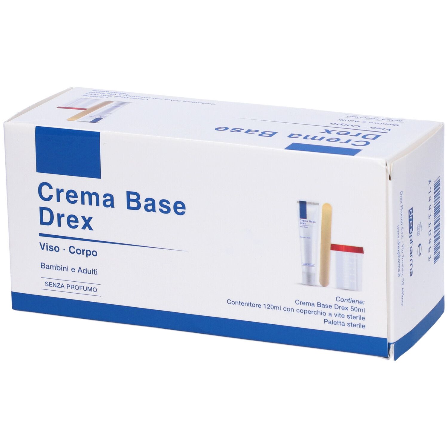 Confezione Crema Base Drex. Contiene crema, spatola e contenitore. Scatola bianca con accenti blu.