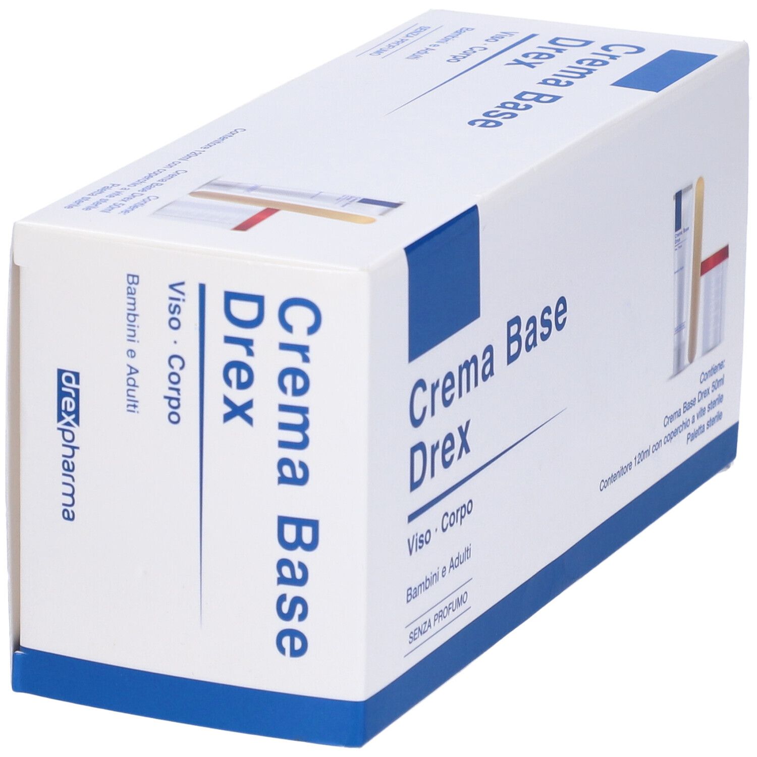 Confezione Crema Base Drex. Contiene crema, spatola e contenitore. Scatola bianca con accenti blu.