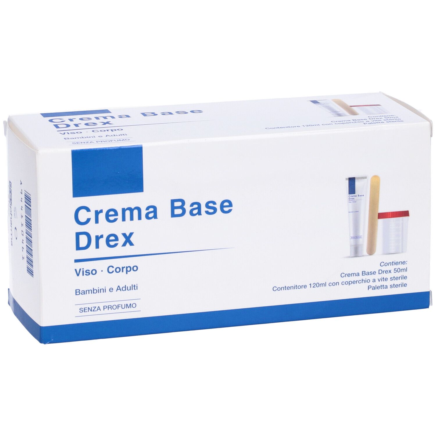 Confezione Crema Base Drex. Contiene crema, spatola e contenitore. Scatola bianca con accenti blu.