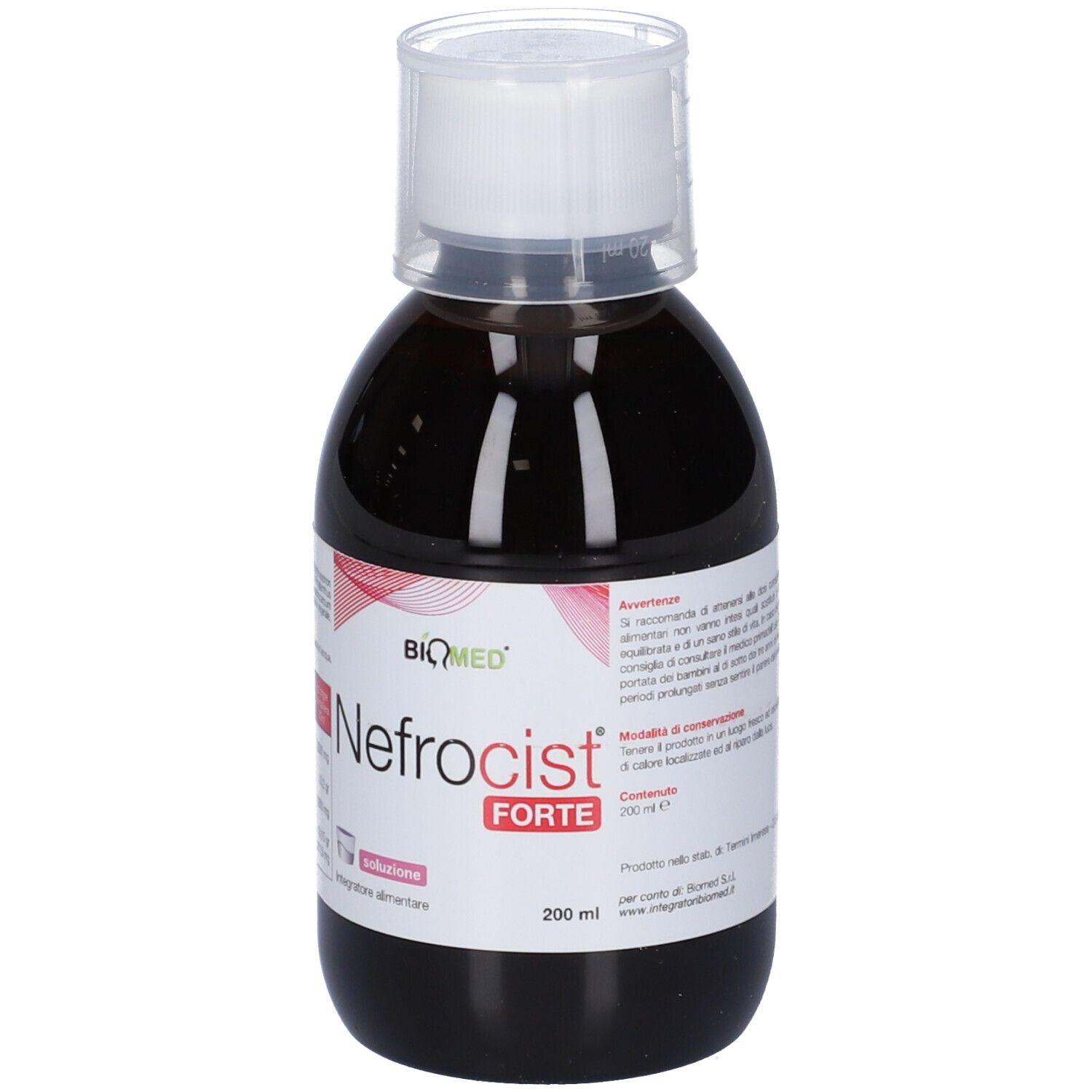 Bottiglia con liquido marrone, tappo bianco. Etichetta con informazioni sul prodotto. Marchio: Biomed.