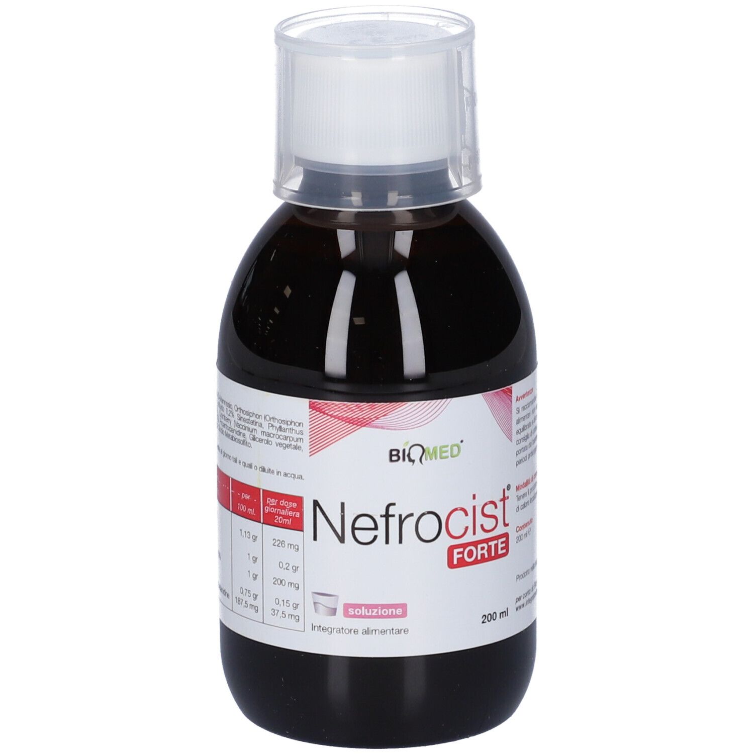 Bottiglia con liquido marrone, tappo bianco. Etichetta con informazioni e ingredienti. Marchio: Biomed.