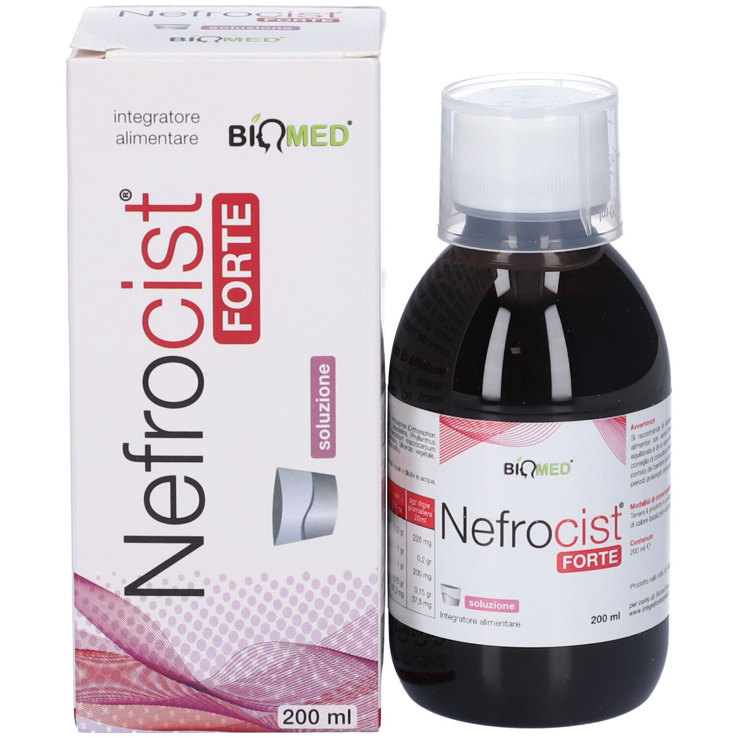 Bottiglia e confezione del prodotto. Bottiglia con liquido marrone. Confezione con nome e marchio: Biomed.