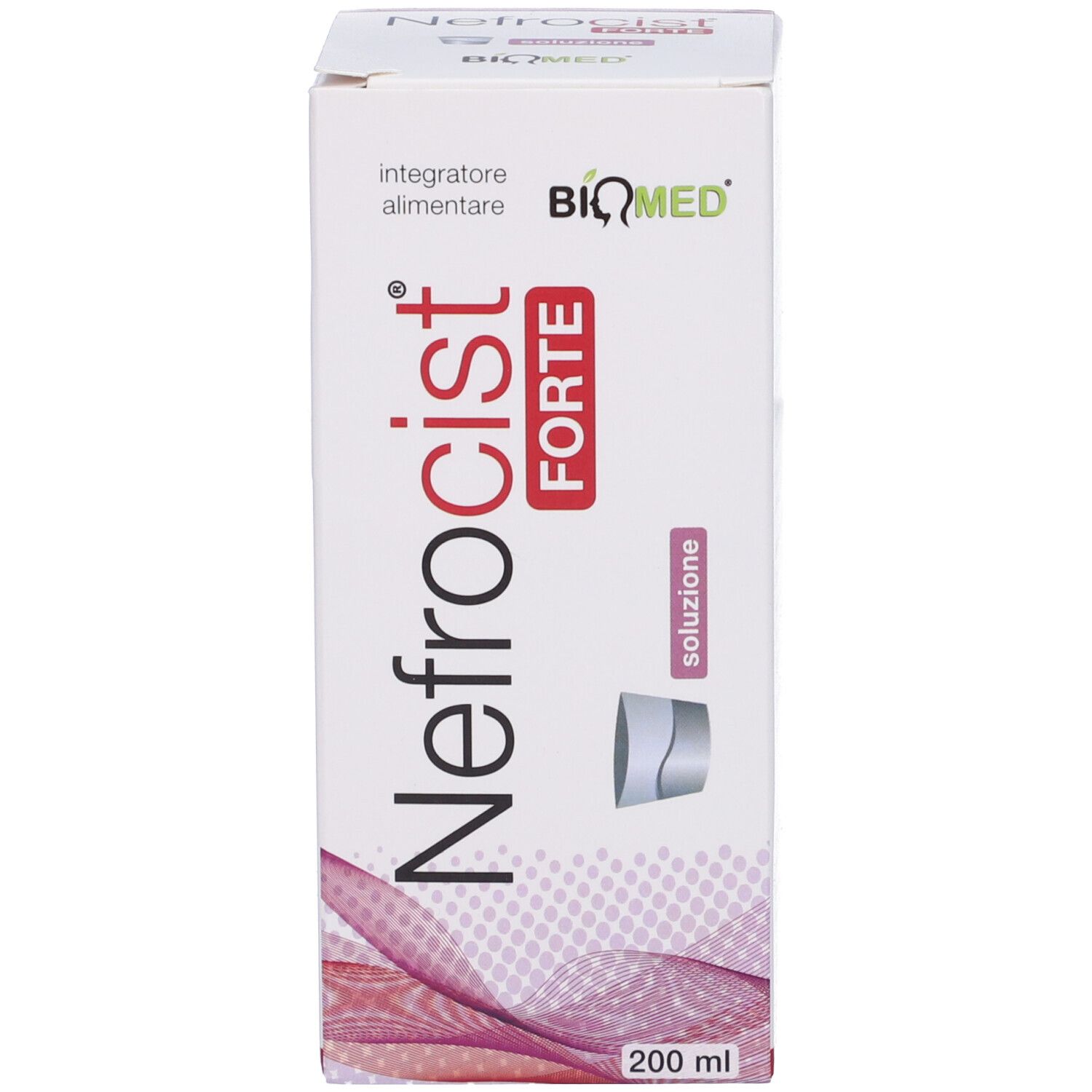 Confezione del prodotto. Scatola bianca con nome e marchio: Biomed. Contiene una bottiglia.