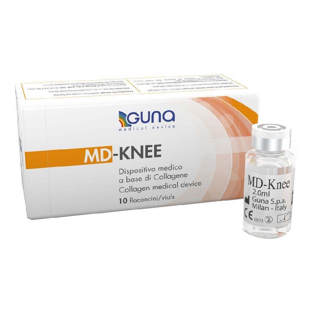 Scatola bianca e flaconcino con scritta MD-KNEE. Sulla scatola c'è scritto GUNA Medical Device. Sul flaconcino c'è scritto 2,0 ml.