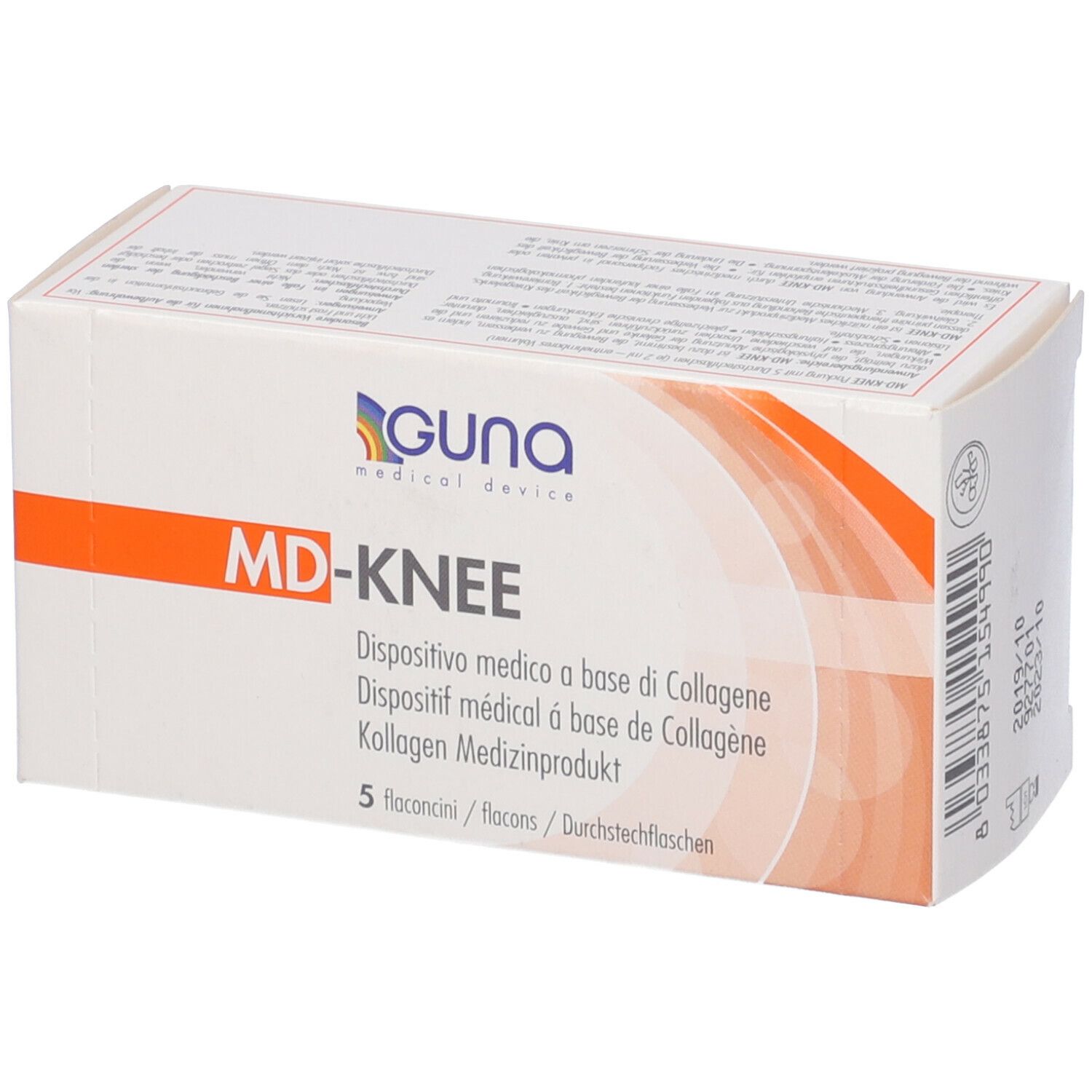 Scatola bianca con scritta MD-KNEE. Sulla scatola c'è scritto GUNA Medical Device. Sulla scatola c'è scritto 5 flaconcini.