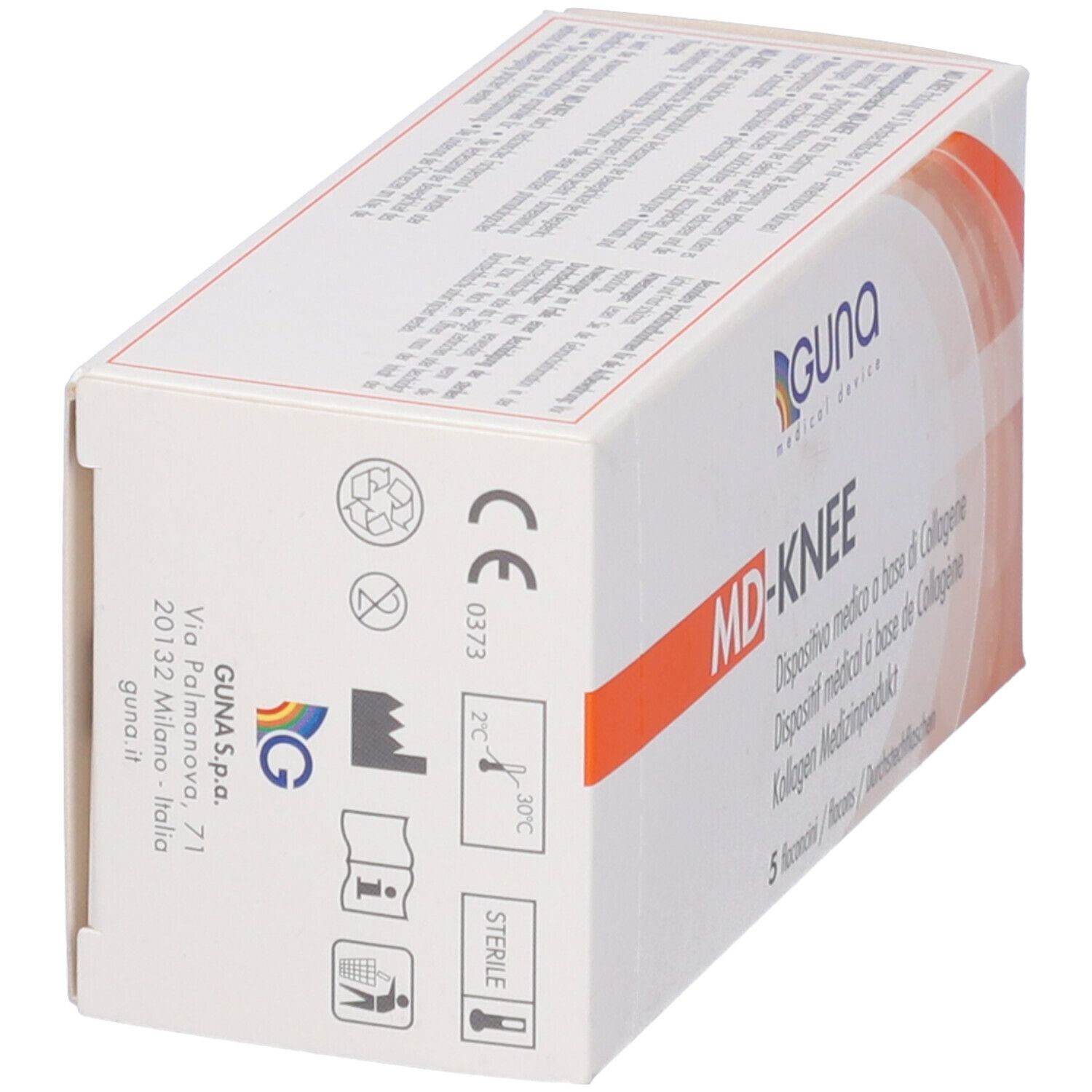 Scatola bianca con scritta MD-KNEE. Sulla scatola c'è scritto GUNA Medical Device. Sulla scatola c'è scritto 5 flaconcini.