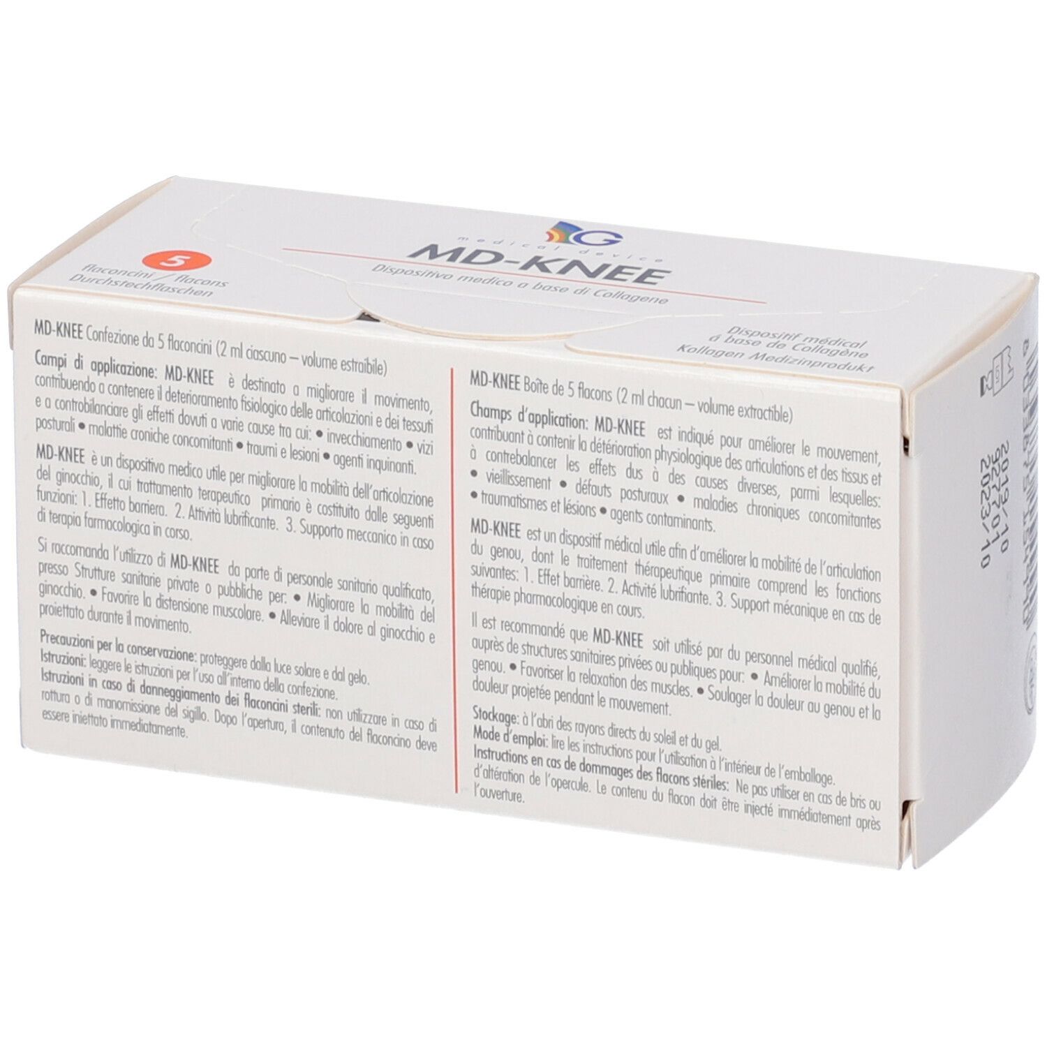 Scatola bianca con scritta MD-KNEE. Sulla scatola c'è scritto GUNA Medical Device. Sulla scatola c'è scritto 5 flaconcini.