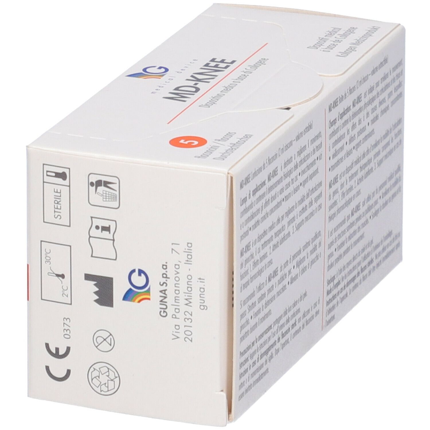 Scatola bianca con scritta MD-KNEE. Sulla scatola c'è scritto GUNA Medical Device. Sulla scatola c'è scritto 5 flaconcini.