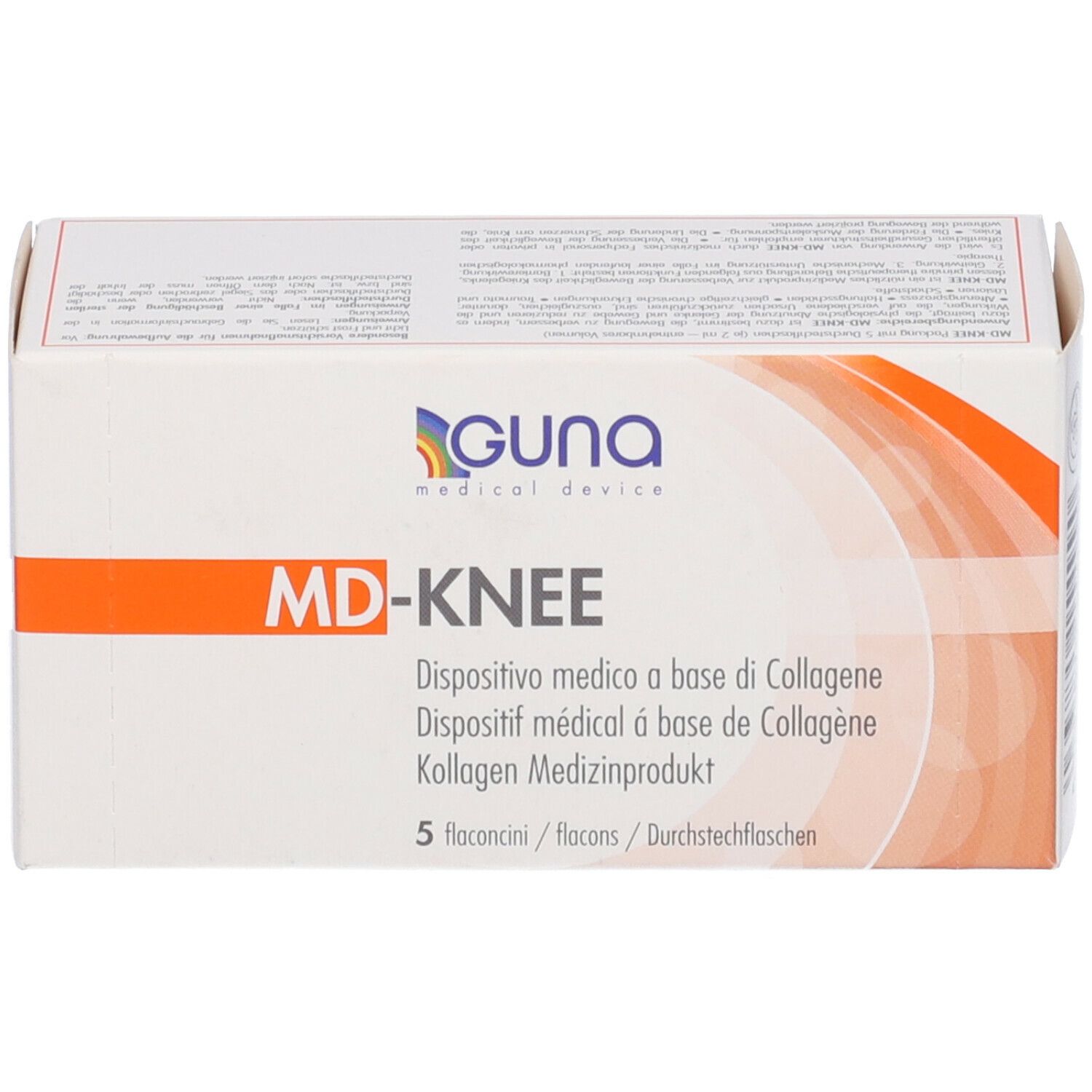 Scatola bianca con scritta MD-KNEE. Sulla scatola c'è scritto GUNA Medical Device. Sulla scatola c'è scritto 5 flaconcini.