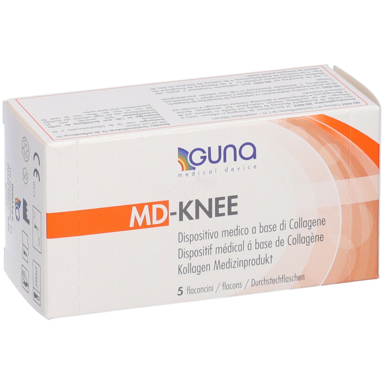 Scatola bianca con scritta MD-KNEE. Sulla scatola c'è scritto GUNA Medical Device. Sulla scatola c'è scritto 5 flaconcini.