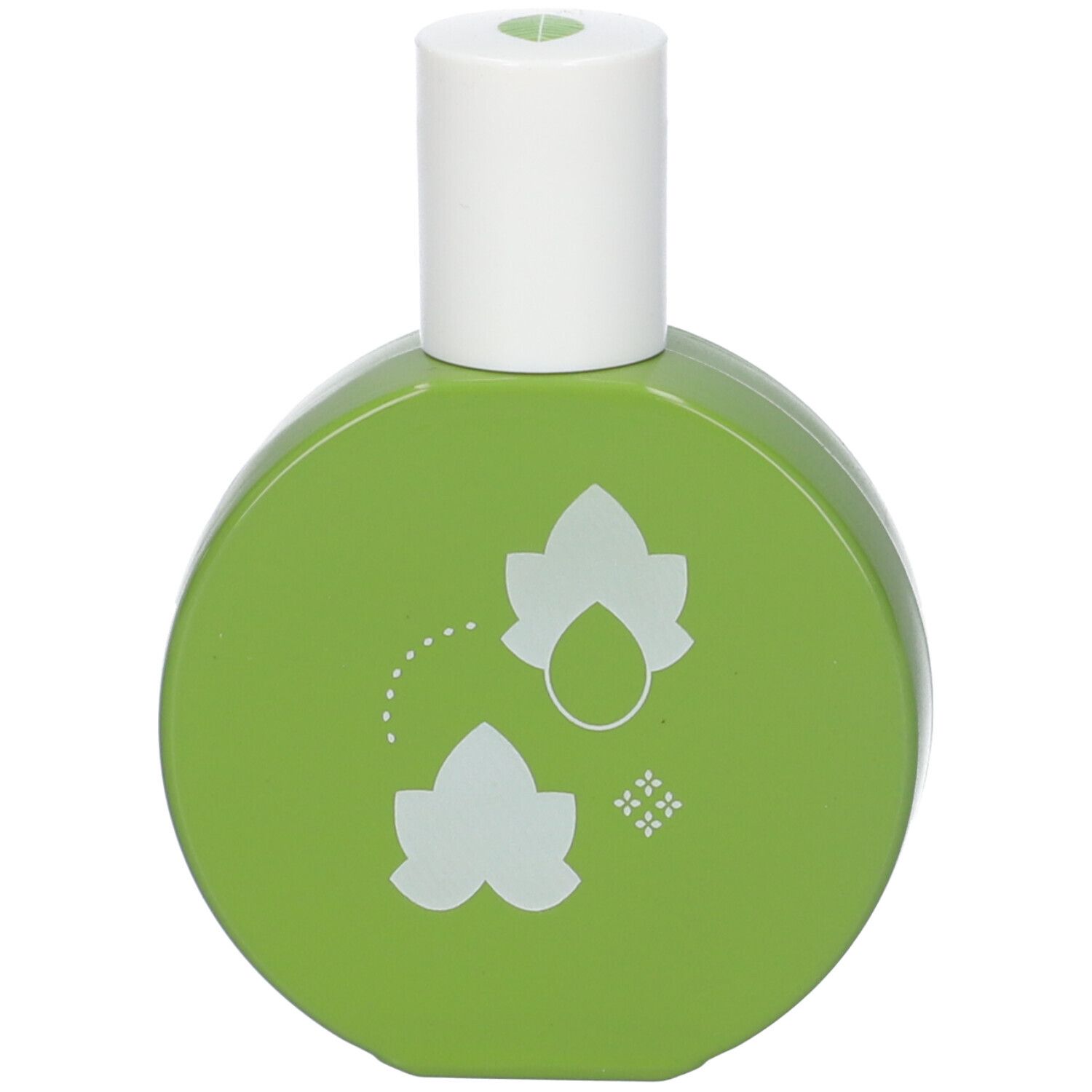 Flacone verde con tappo bianco. Decorazione con foglie e gocce.