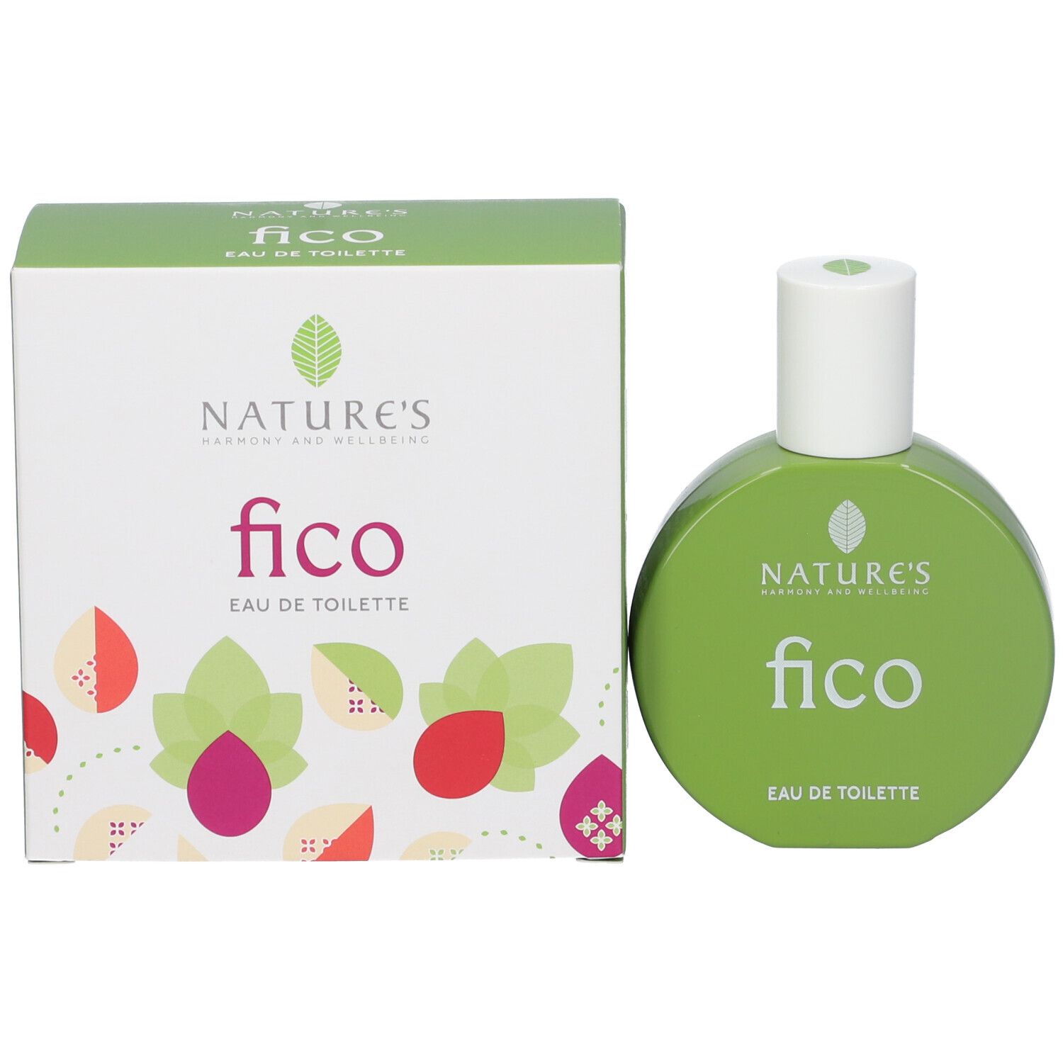 Prodotto e confezione. Flacone verde e scatola. Scritta: "Nature's Fico Eau de Toilette".