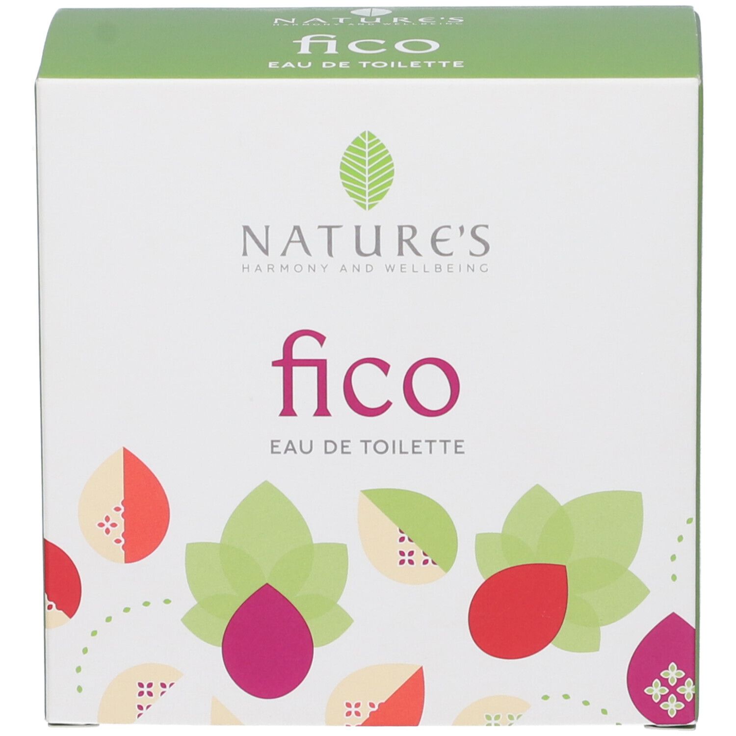 Scatola bianca con parte superiore verde. Scritta: "Nature's Fico Eau de Toilette".