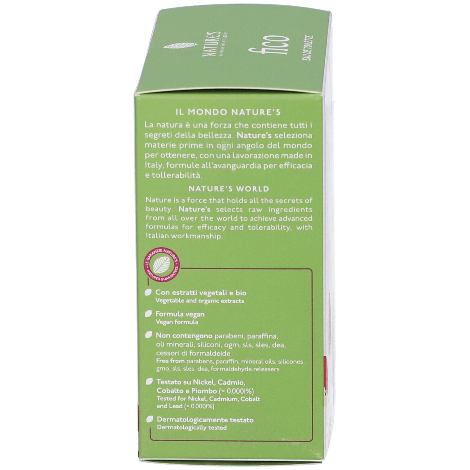 Vista laterale della scatola. Testo in italiano. Informazioni sul prodotto.