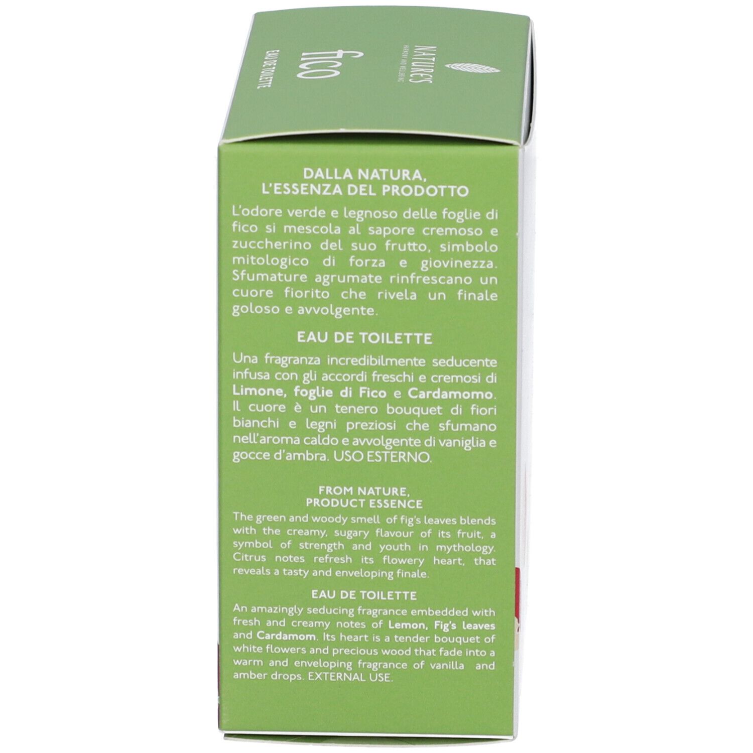 Vista laterale della scatola. Testo in italiano e inglese. Descrizione del prodotto.