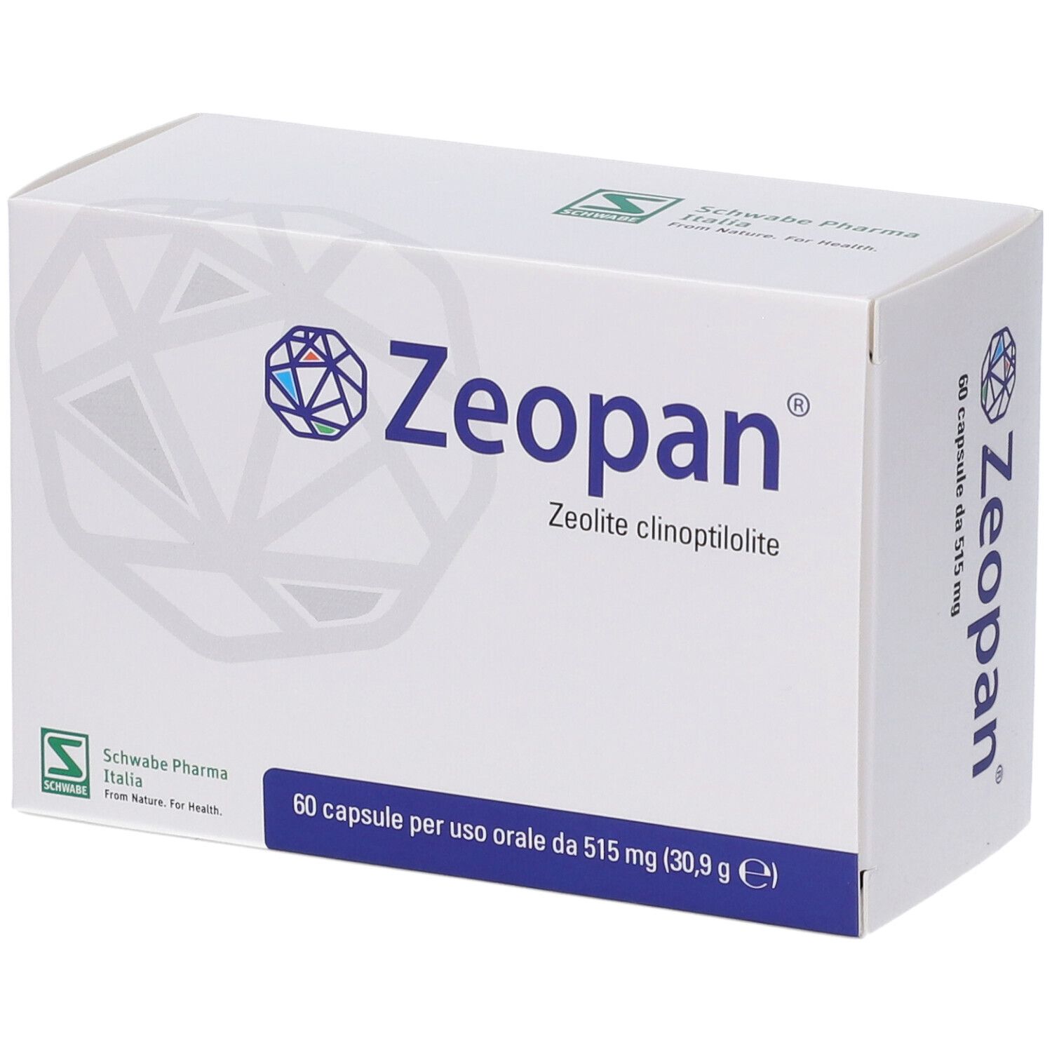 Scatola bianca Zeopan con logo e testo. Contiene 60 capsule. Schwabe Pharma Italia.