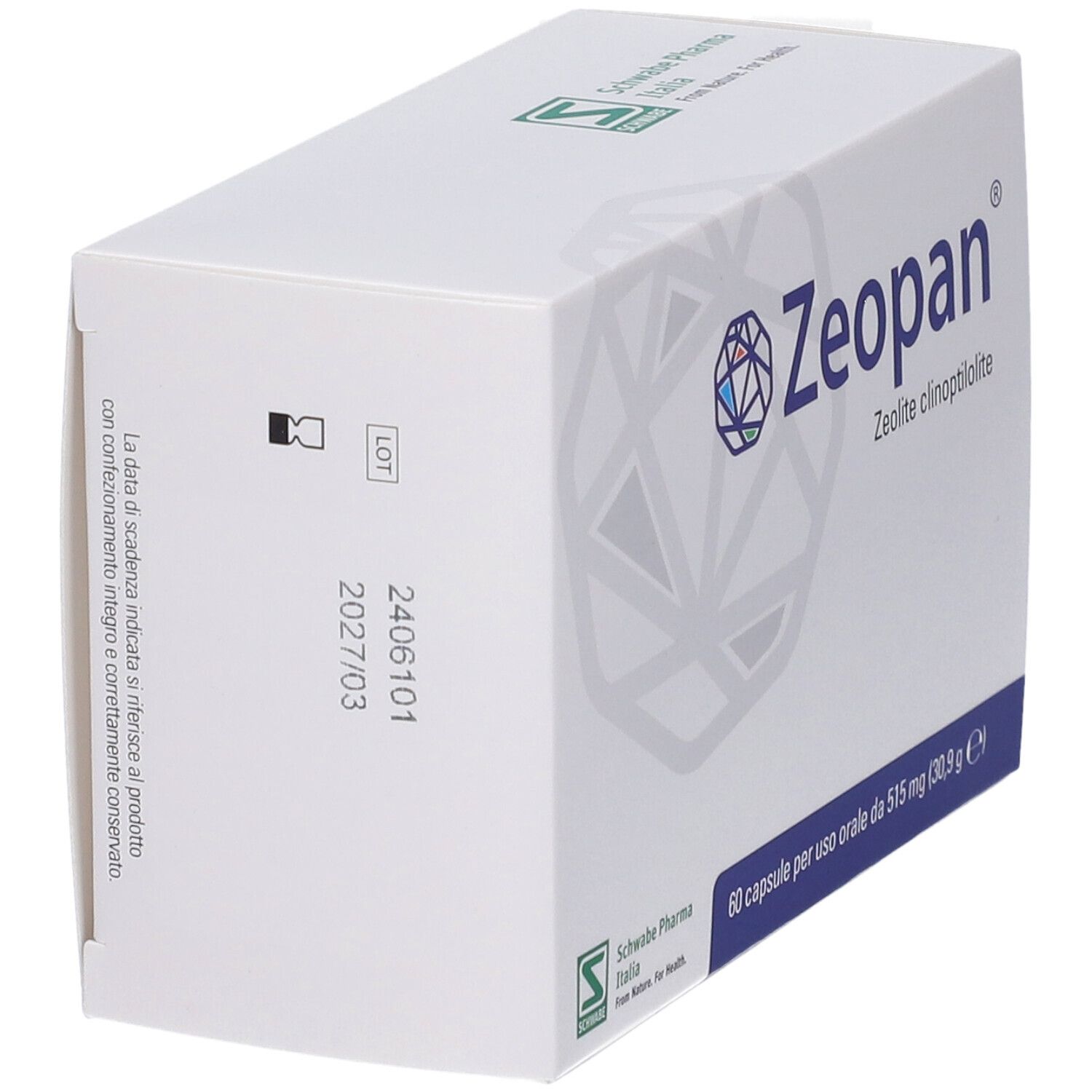 Scatola bianca Zeopan, vista laterale. Numero di lotto e data di scadenza. Schwabe Pharma.