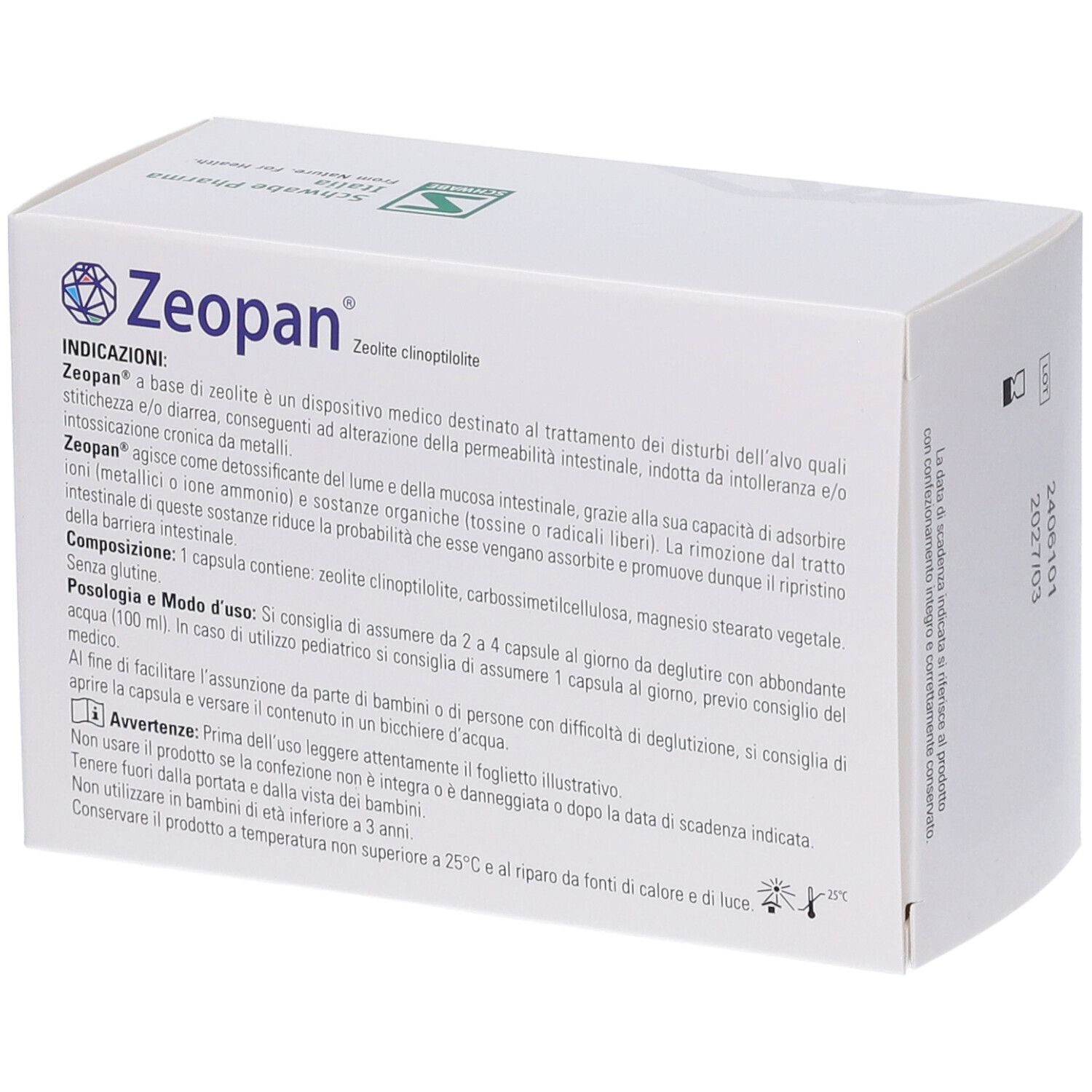 Scatola bianca Zeopan con testo. Informazioni sul prodotto. Schwabe Pharma Italia.