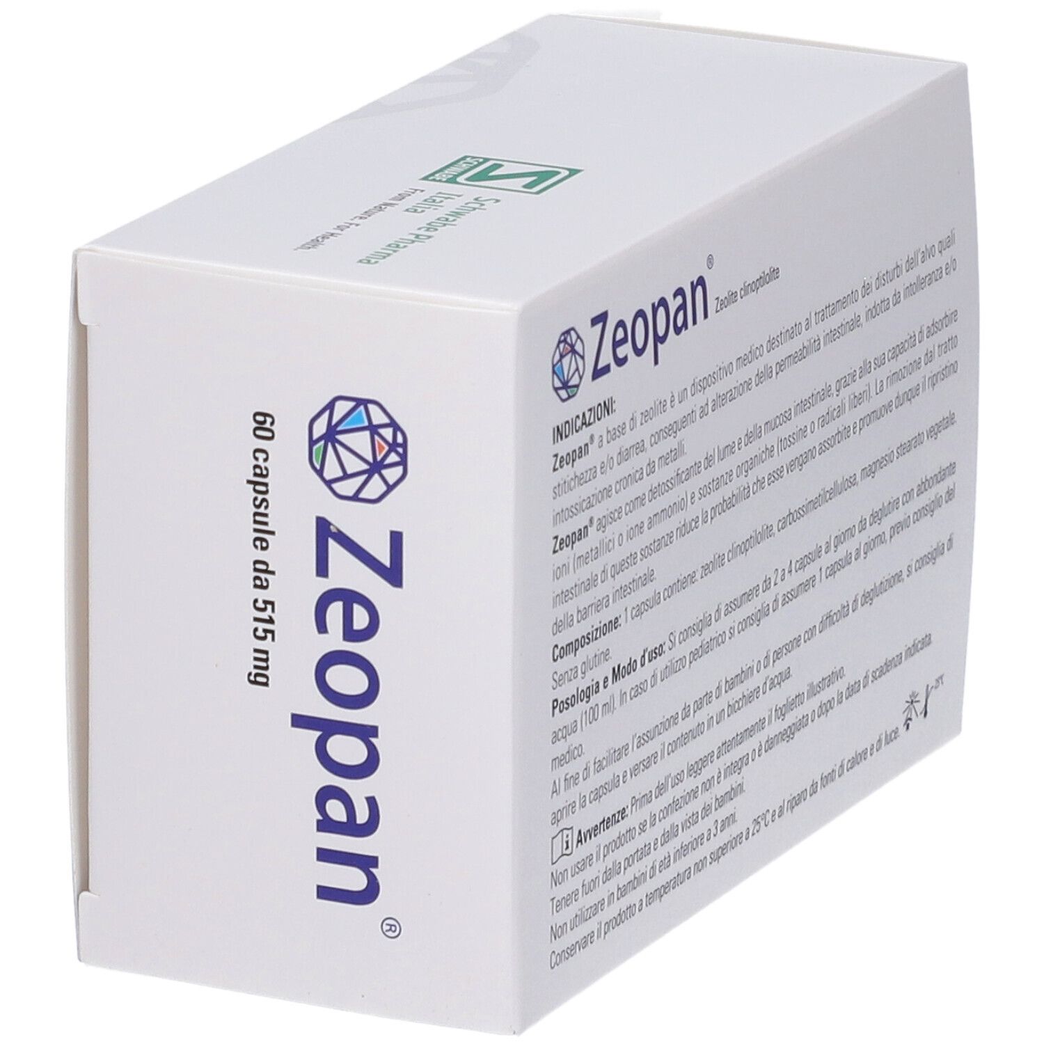 Scatola bianca Zeopan, vista obliqua. Contiene 60 capsule. Schwabe Pharma Italia.