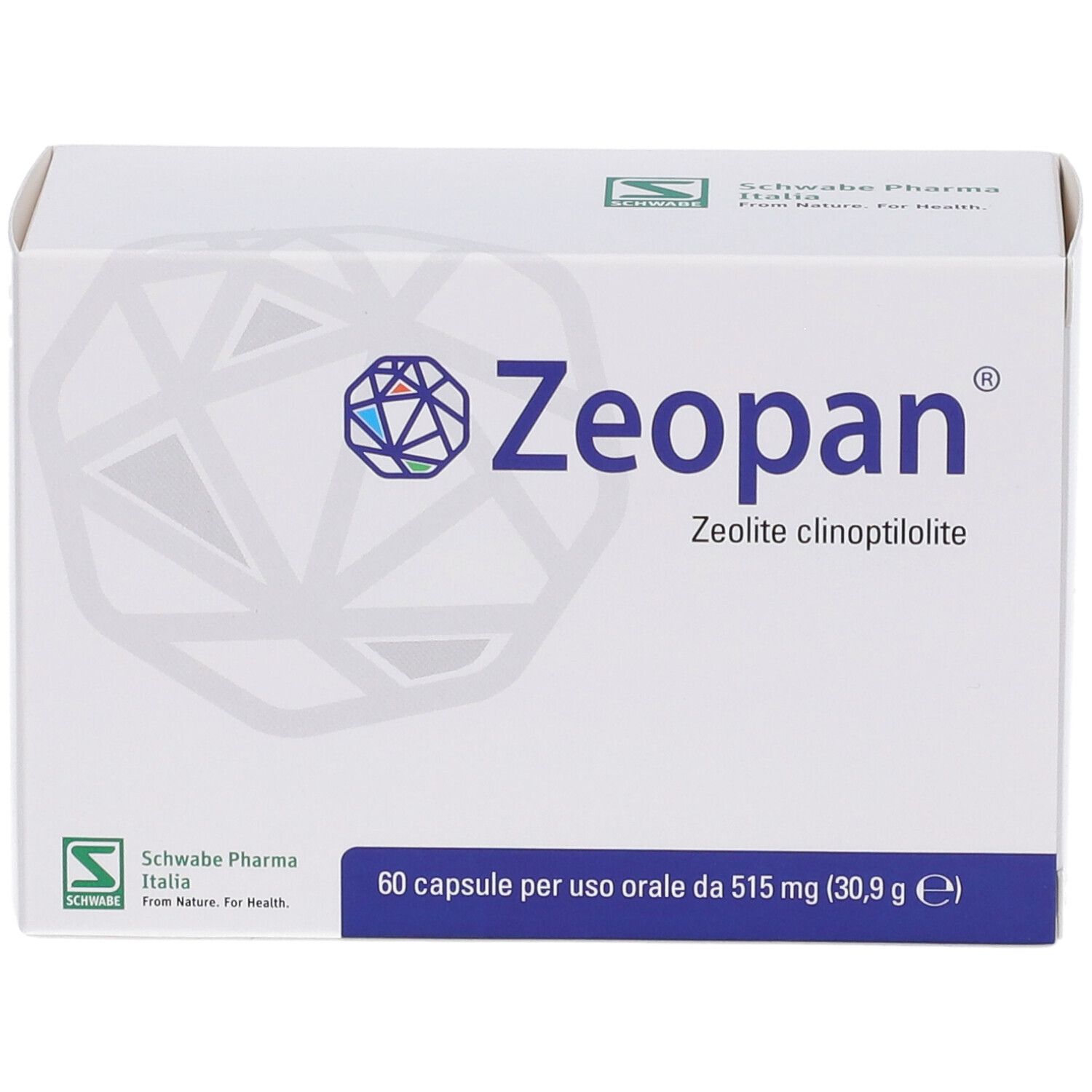 Scatola bianca Zeopan con logo e testo. Contiene 60 capsule. Schwabe Pharma Italia.