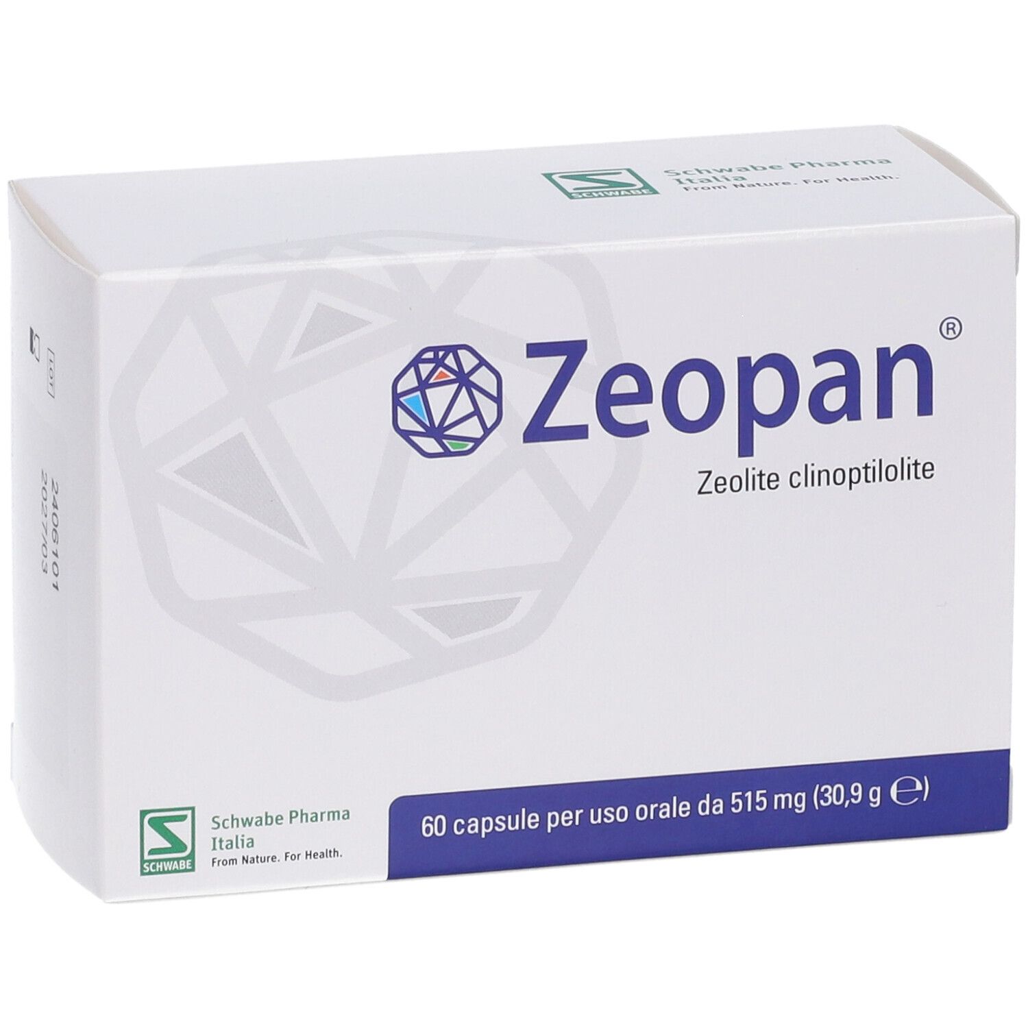 Scatola bianca Zeopan con logo e testo. Contiene 60 capsule. Schwabe Pharma Italia.